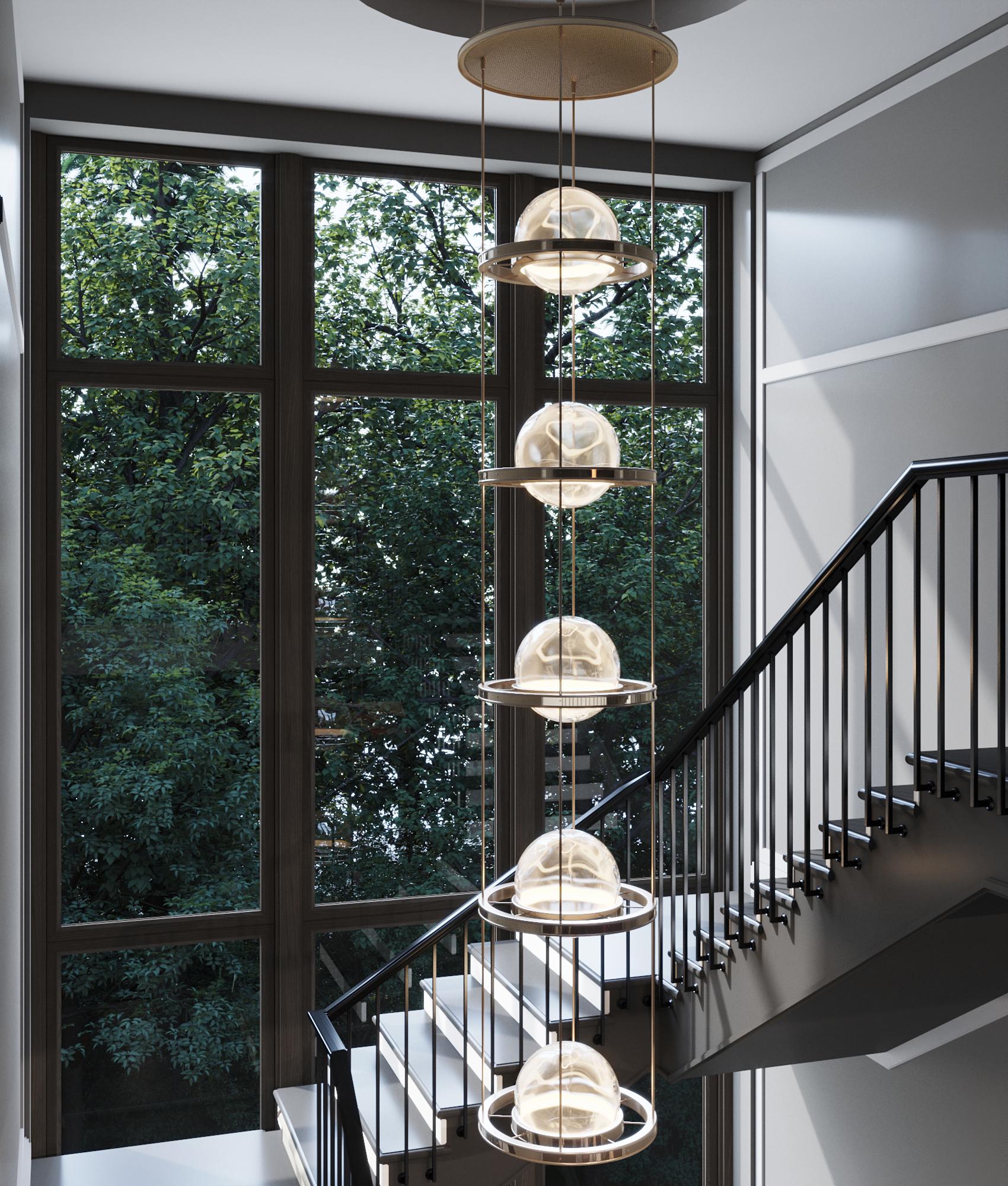 Contemporary Meissa V Grand Stainless Steel Polished Chandelier with Art-Deco Vibes For Sale