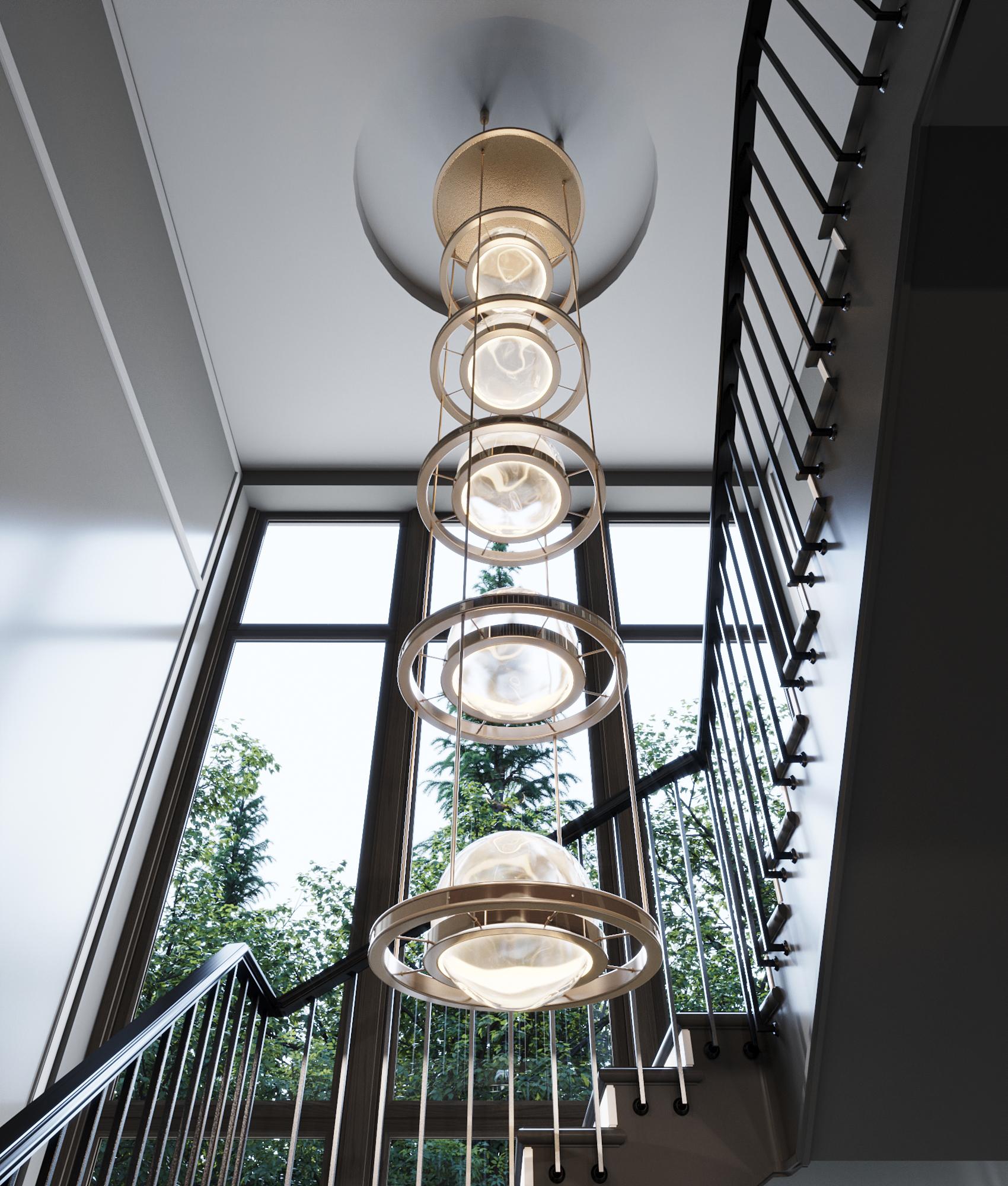 XXIe siècle et contemporain Grand lustre Meissa V en acier inoxydable poli aux vibrations Art-Déco en vente