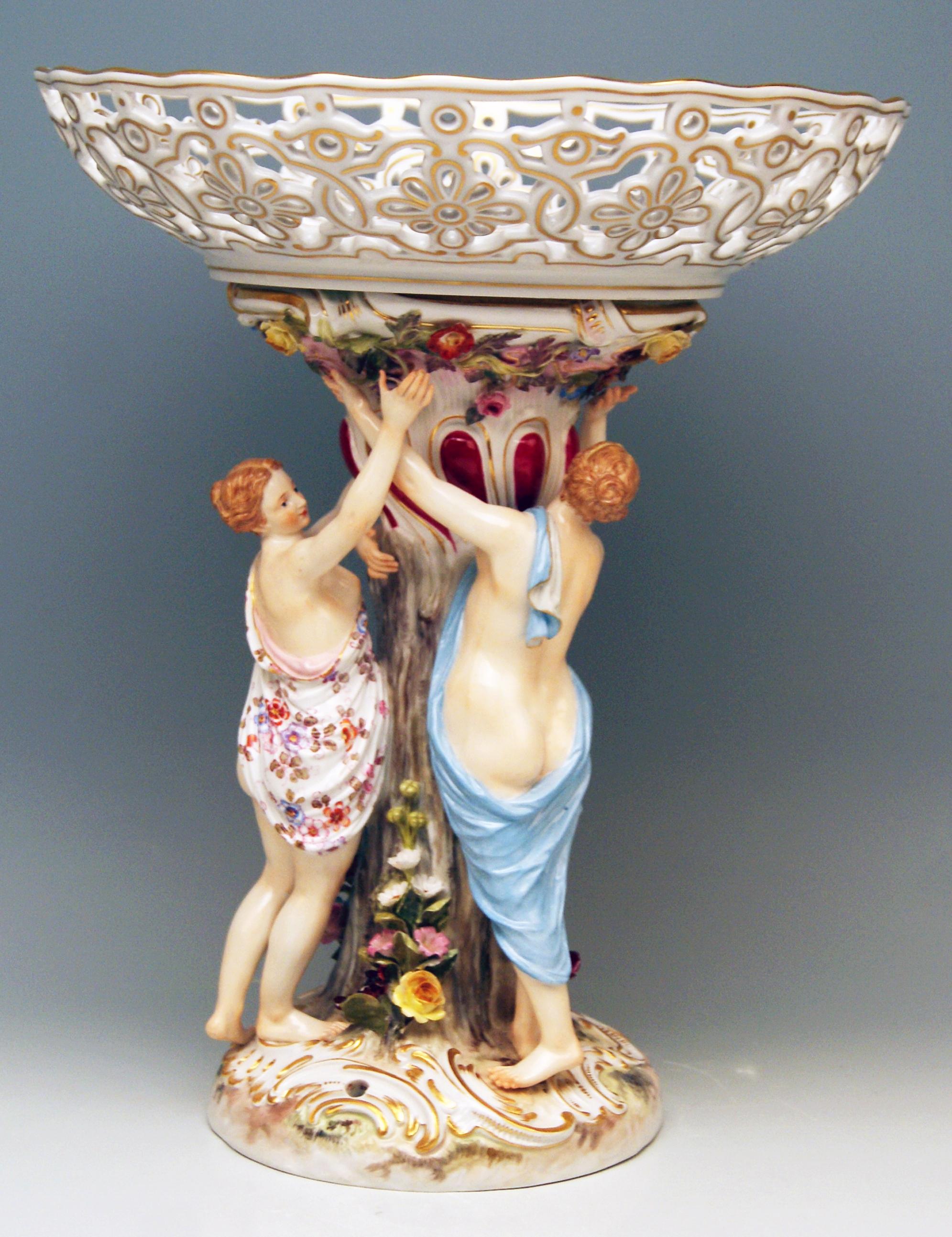 Rococo Meissen 19th Century Centrepiece, The Three Graces Presenting a Fruit Bowl