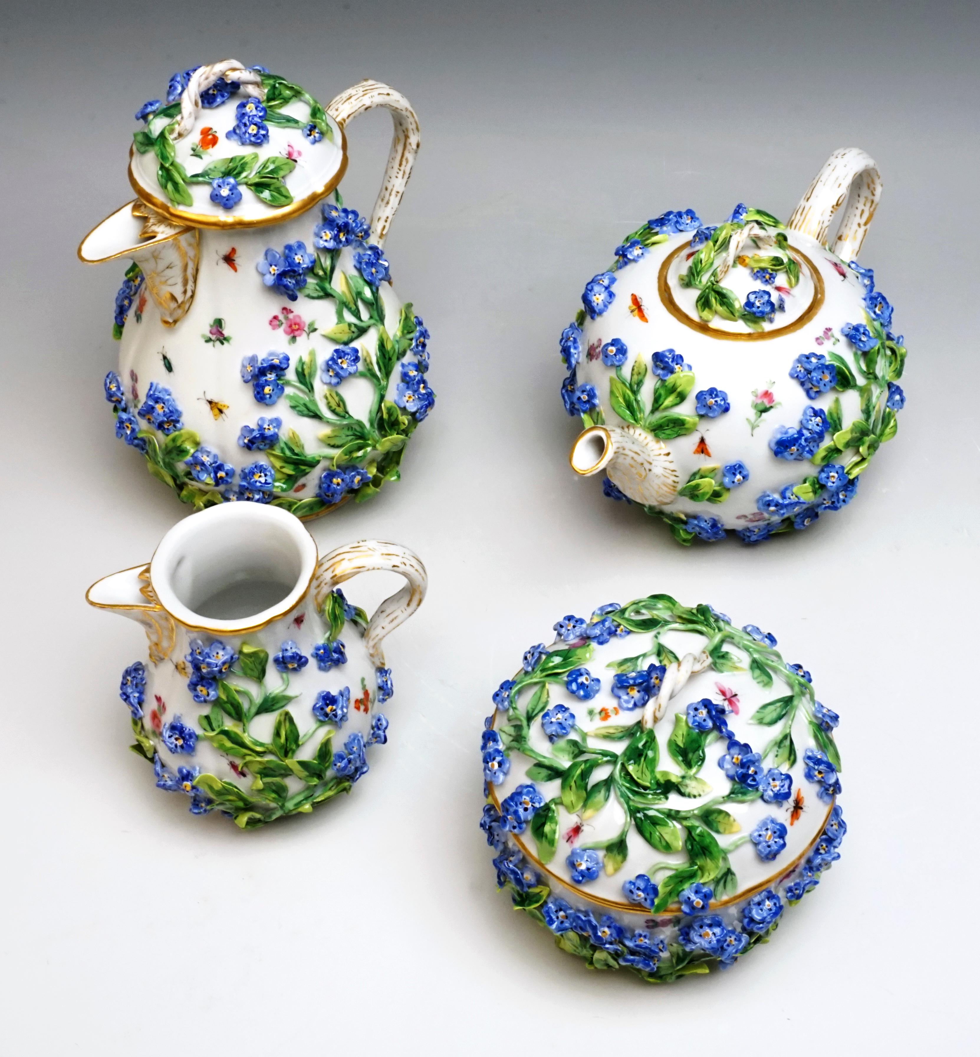 Hand-Painted Meissen 5-Part Core Piece Coffee & Tea Rich Forget-Me-Not Decor, circa 1850