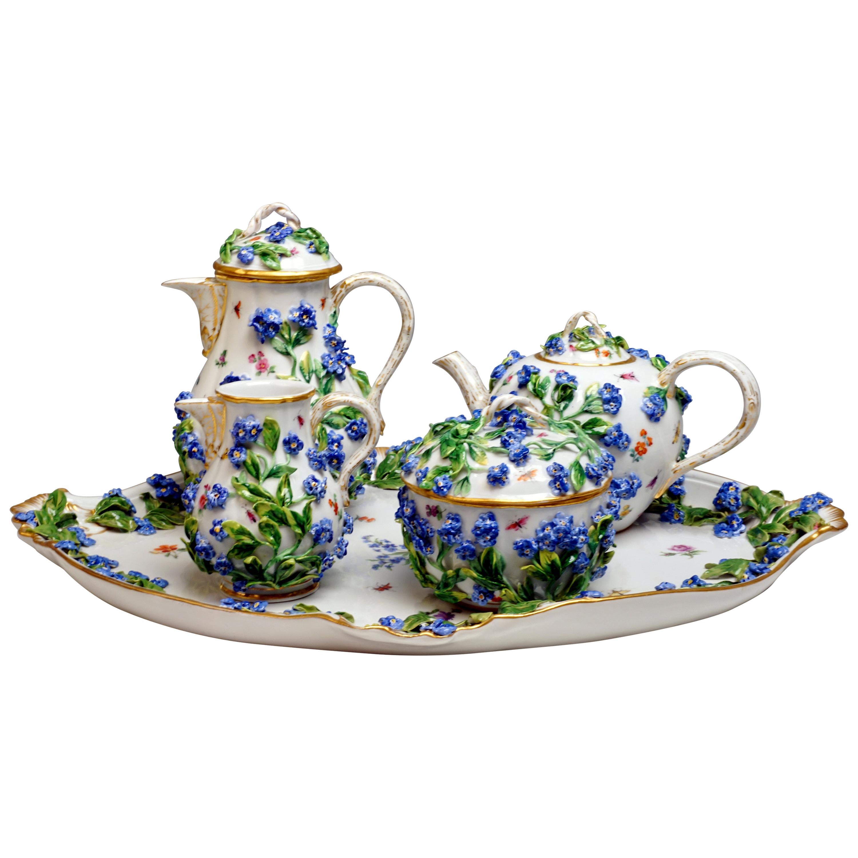 Meissen 5-Part Core Piece Coffee & Tea Rich Forget-Me-Not Decor, circa 1850