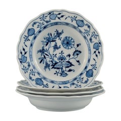 Meissen, a Set of Four Deep Plates, Hand Painted, Blue Onion, Late 19th Century