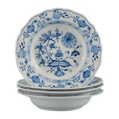 Meissen, a Set of Four Deep Plates, Hand Painted, Blue Onion, Late 19th Century