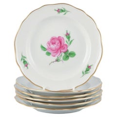 Vintage Meissen, a set of six "Pink Rose" porcelain plates hand-painted with pink roses.