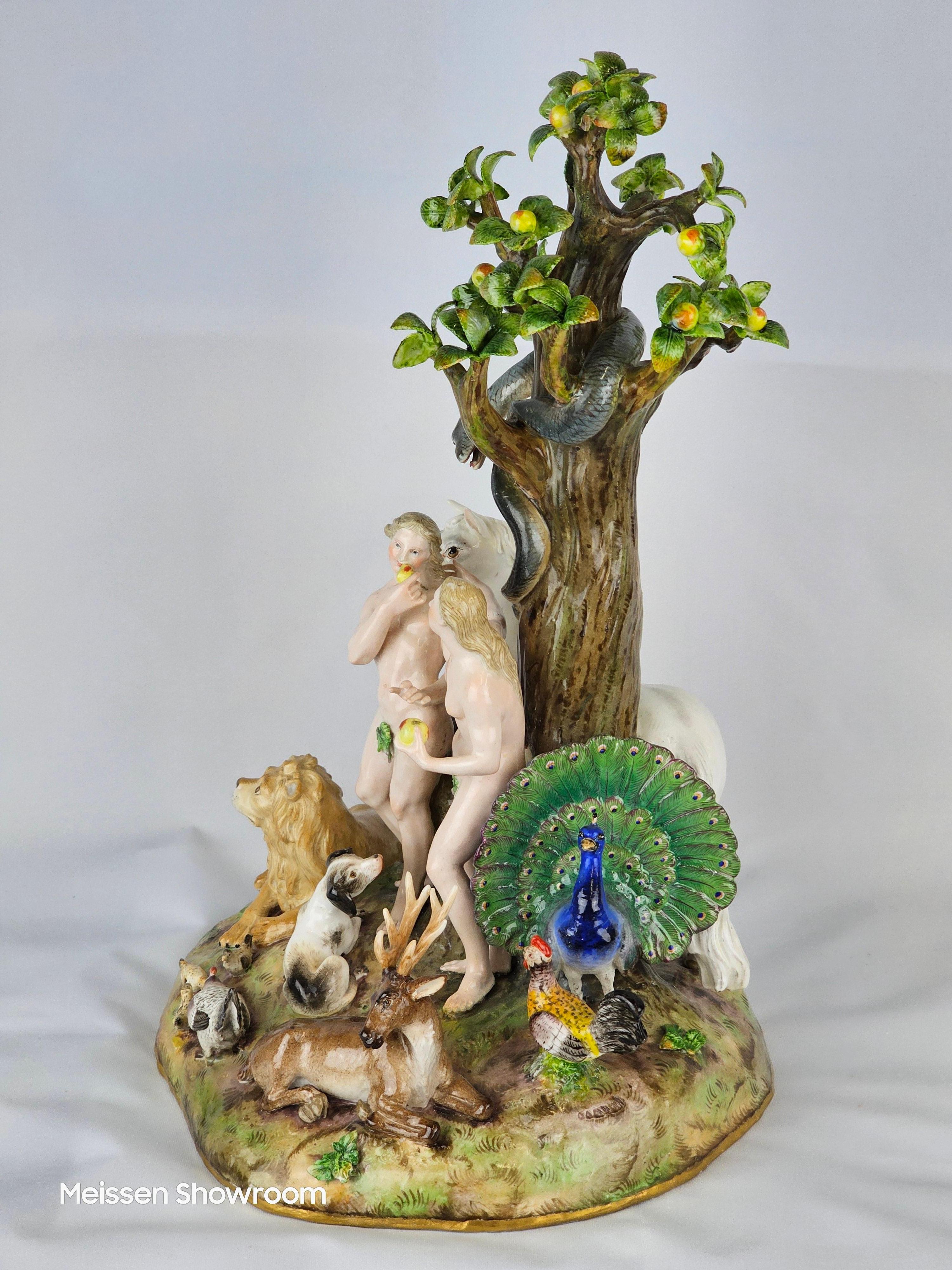 Meissen Adam and Eve Group around Tree of Knowlege In Good Condition For Sale In Altrincham, GB