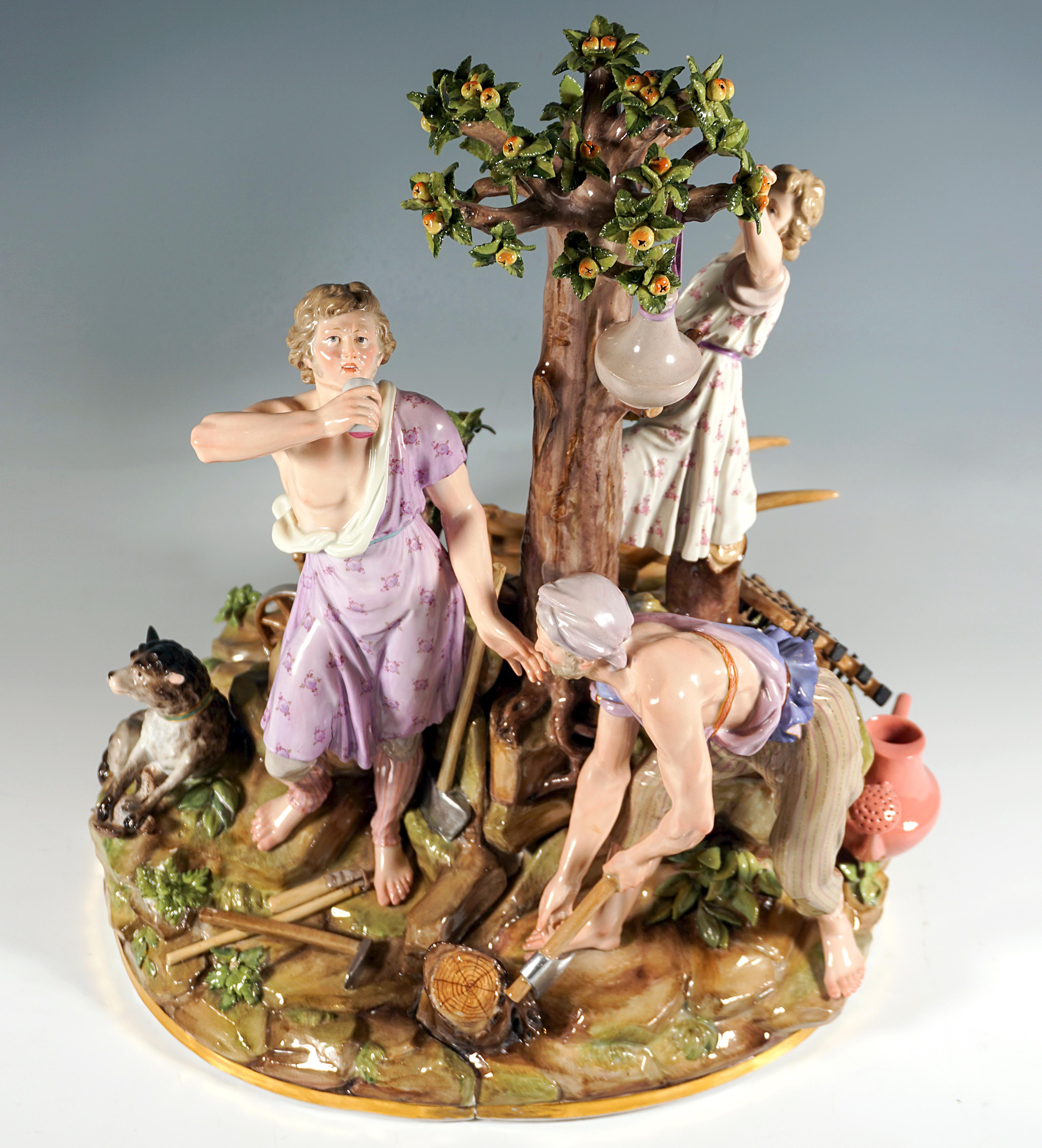 Excellent Meissen porcelain group of the 19th century.
Very large depiction of the allegory of agriculture grouped around an apple tree:
in the foreground an elderly man chopping wood, next to him, under the tree, a young man drinking from a cup of