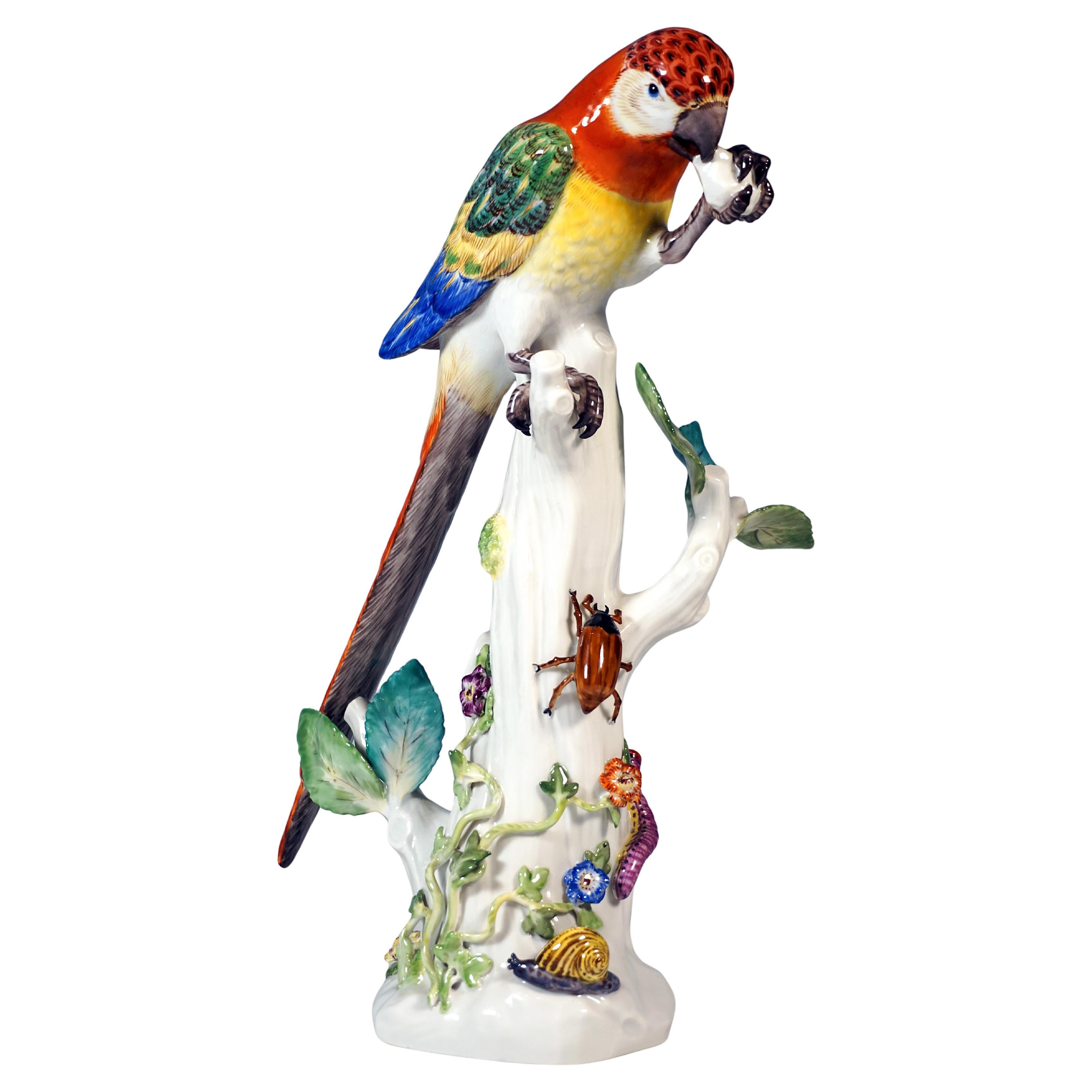 Figura di animale di Meissen, Pappagallo su un tronco d
albero che mangia, di J.J. Kaendler, 20°