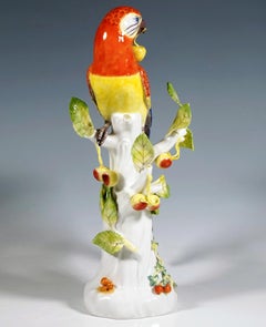 Meissen Animal Figure, Parrot On Trunk With Cherries, By J.J. Kaendler, 20th