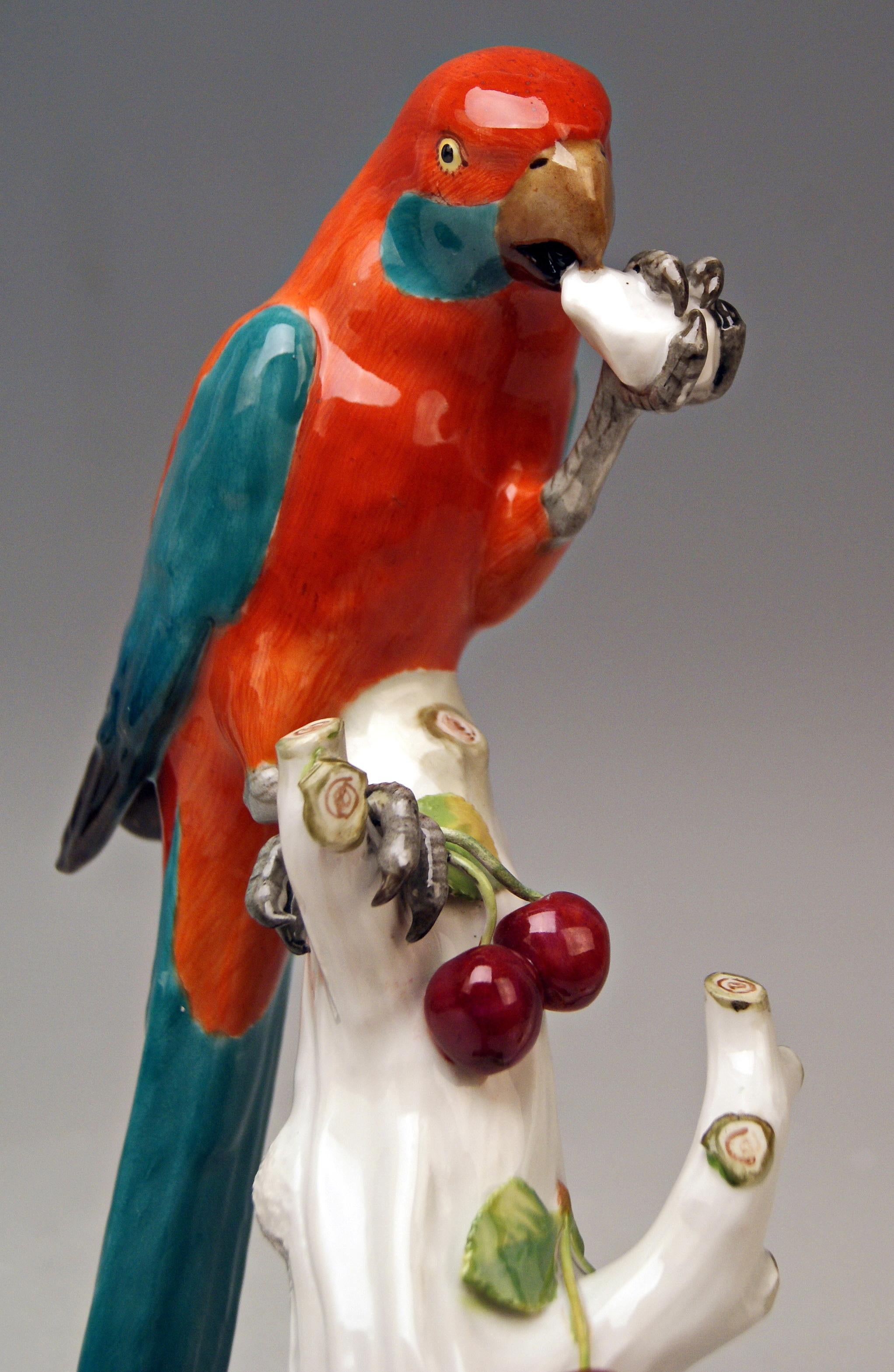 Hand-Painted Meissen Animal Figurine Parrot with Cherries Model 20 Kaendler Made circa 1870