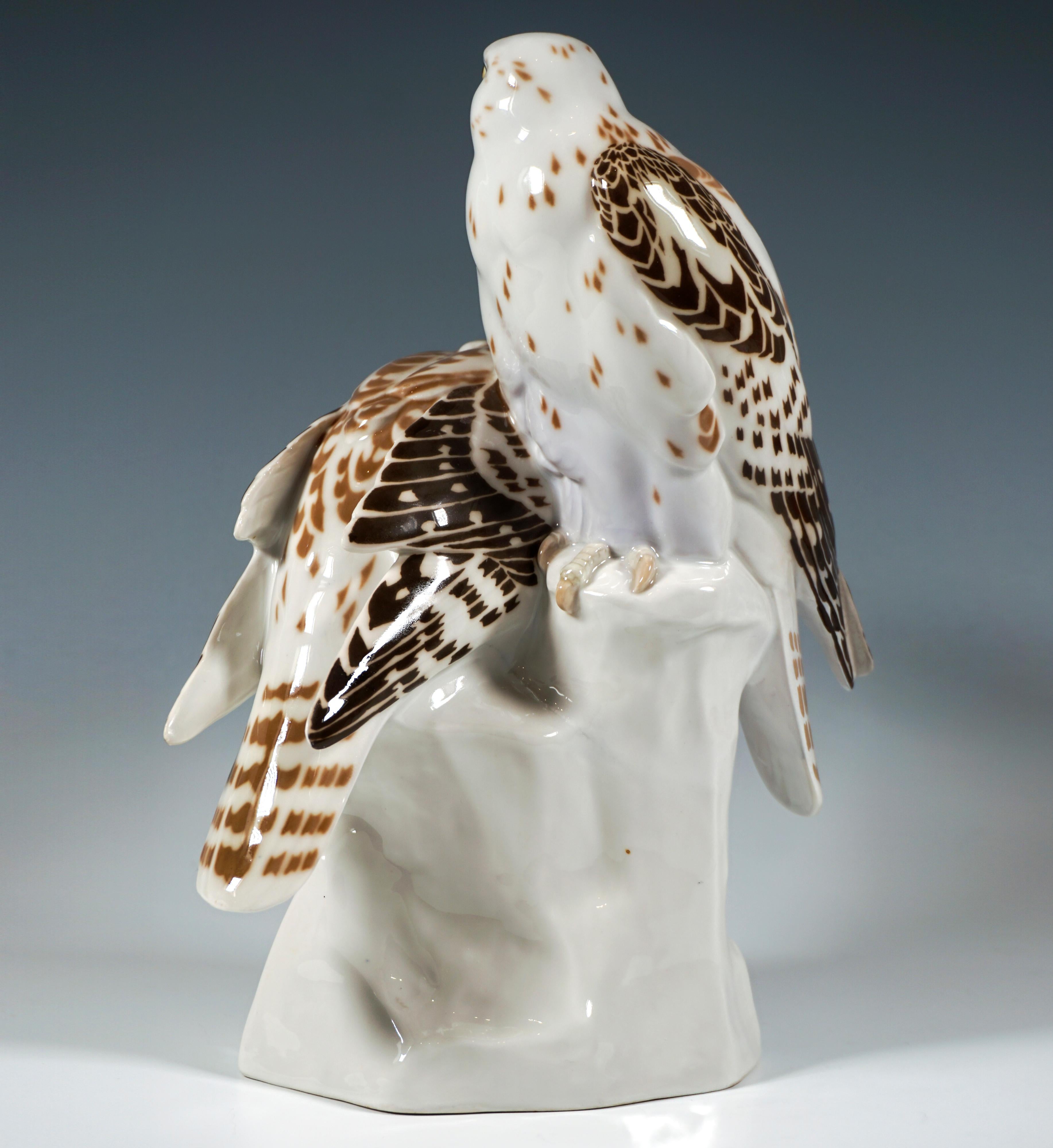 Other Meissen Animal Group, Noble Falcons On Rock, Hermann Fritz, Germany, Mid-20th
