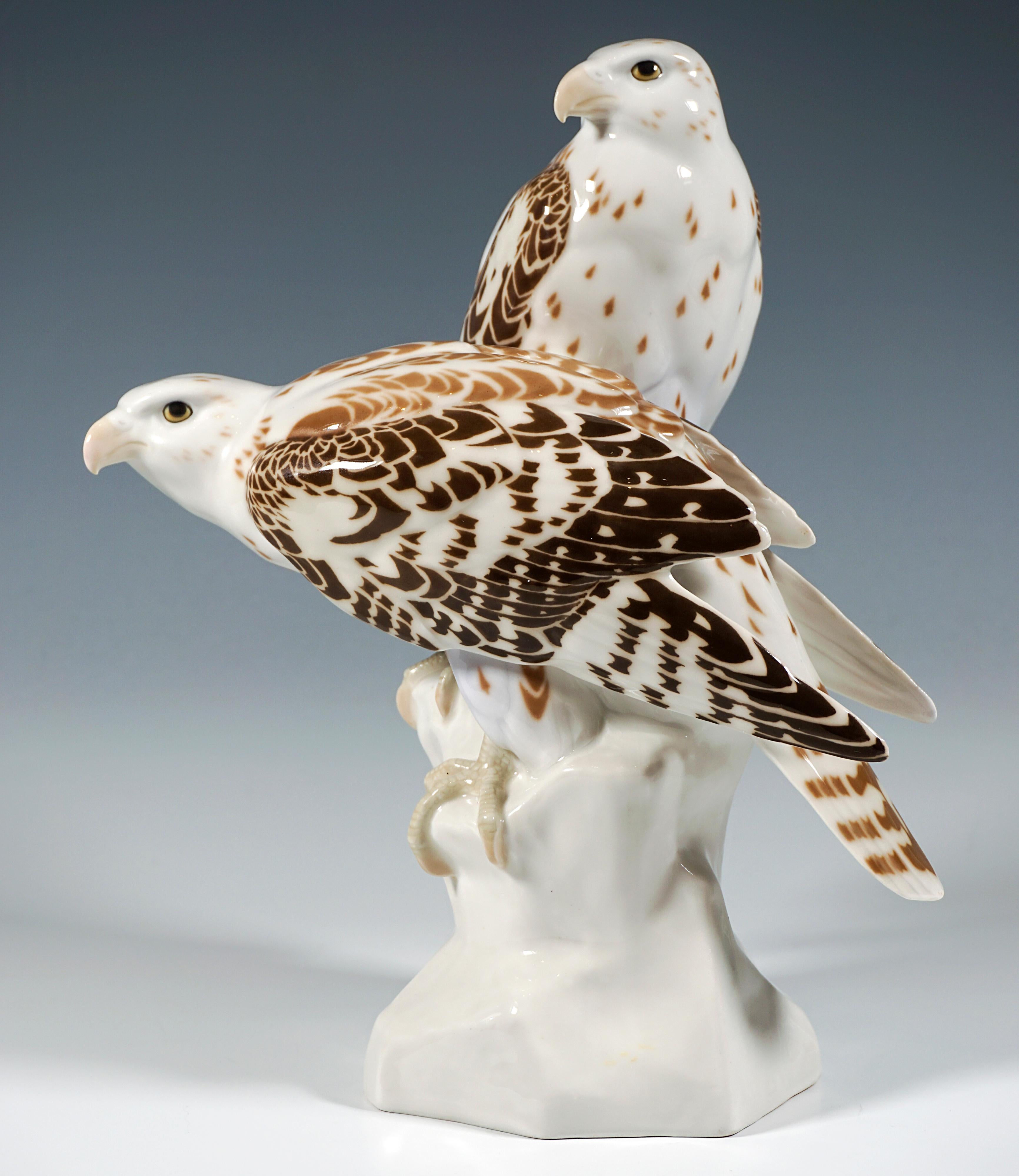 Hand-Crafted Meissen Animal Group, Noble Falcons On Rock, Hermann Fritz, Germany, Mid-20th