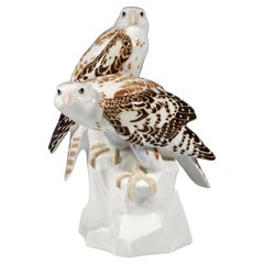 Vintage Meissen Animal Group, Noble Falcons On Rock, Hermann Fritz, Germany, Mid-20th