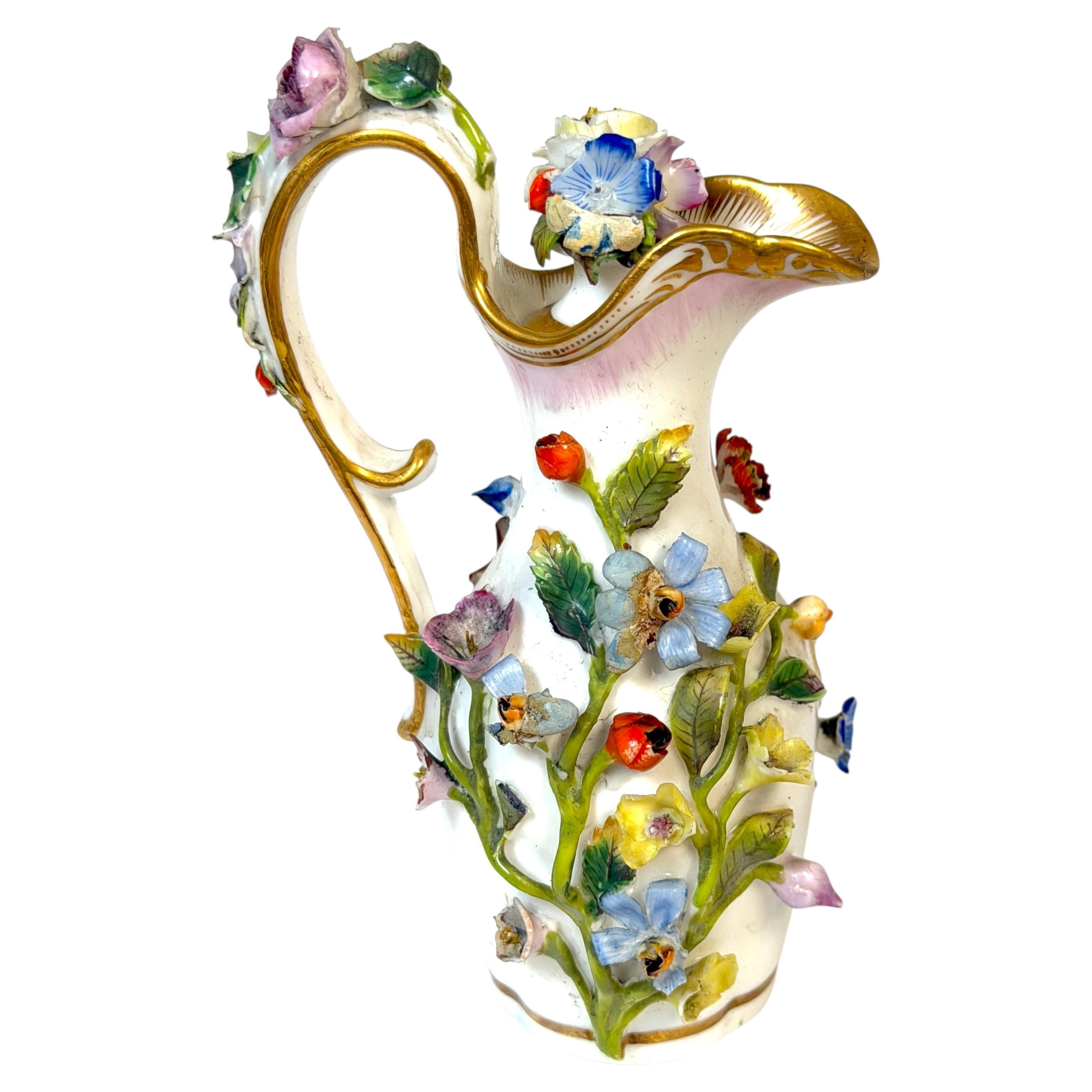 Meissen Applied Floral Porcelain Perfume Ewer Original Stopper, Germany, 1875