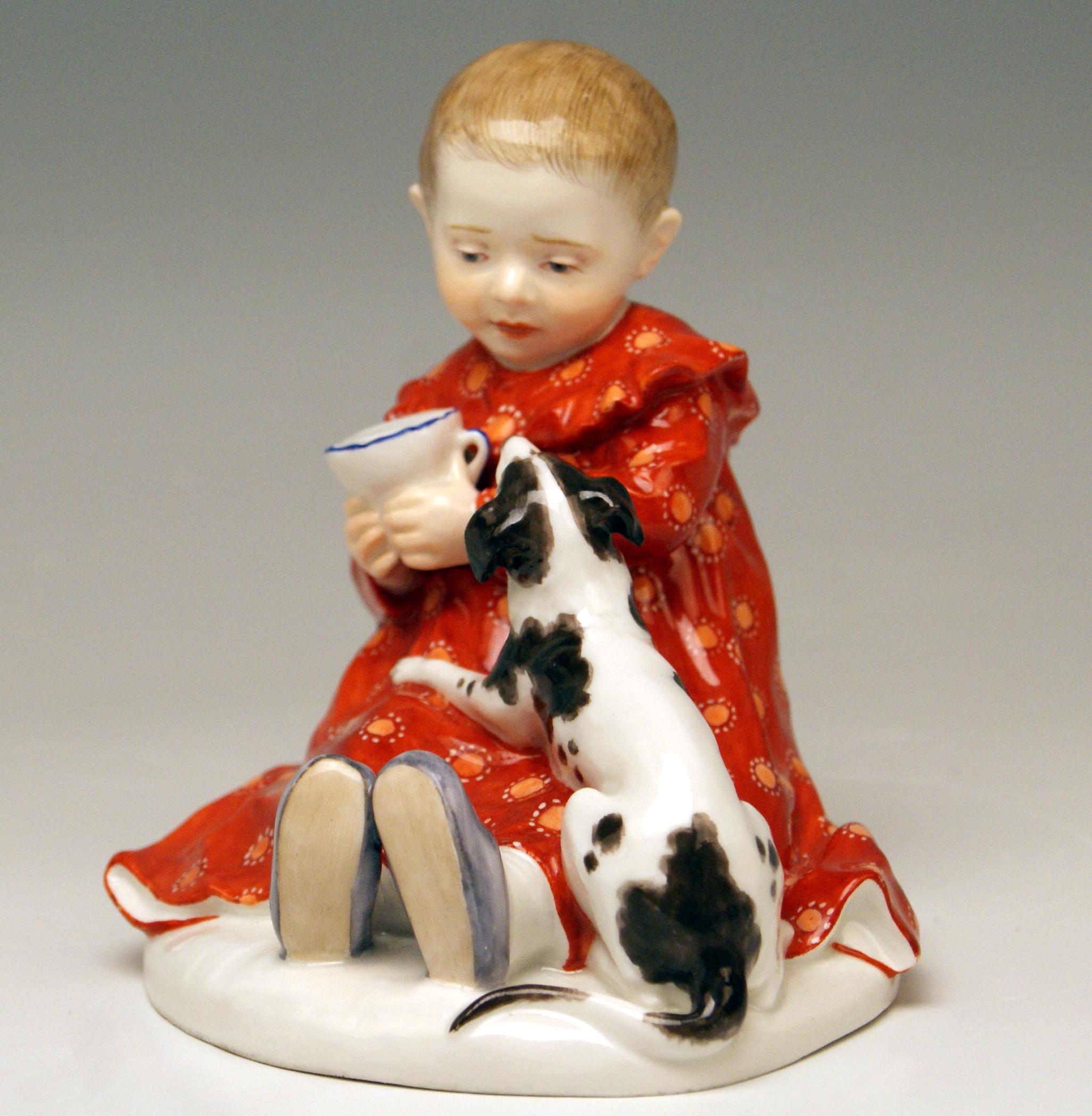 Meissen lovely child figurine: baby with dog sitting on ground
Model A 234

Measures:
Height: 4.72 inches (= 12.0 cm)
Depth: 4.52 inches (= 11.5 cm)
Width: 4.13 inches (= 10.5 cm)

Manufactory: Meissen
Hallmarked: Blue Meissen Sword Mark
