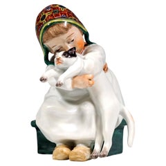 Meissen Art Nouveau Child Figurine, Hentschelkind, Girl Hugging A Cat, Ca. 1940