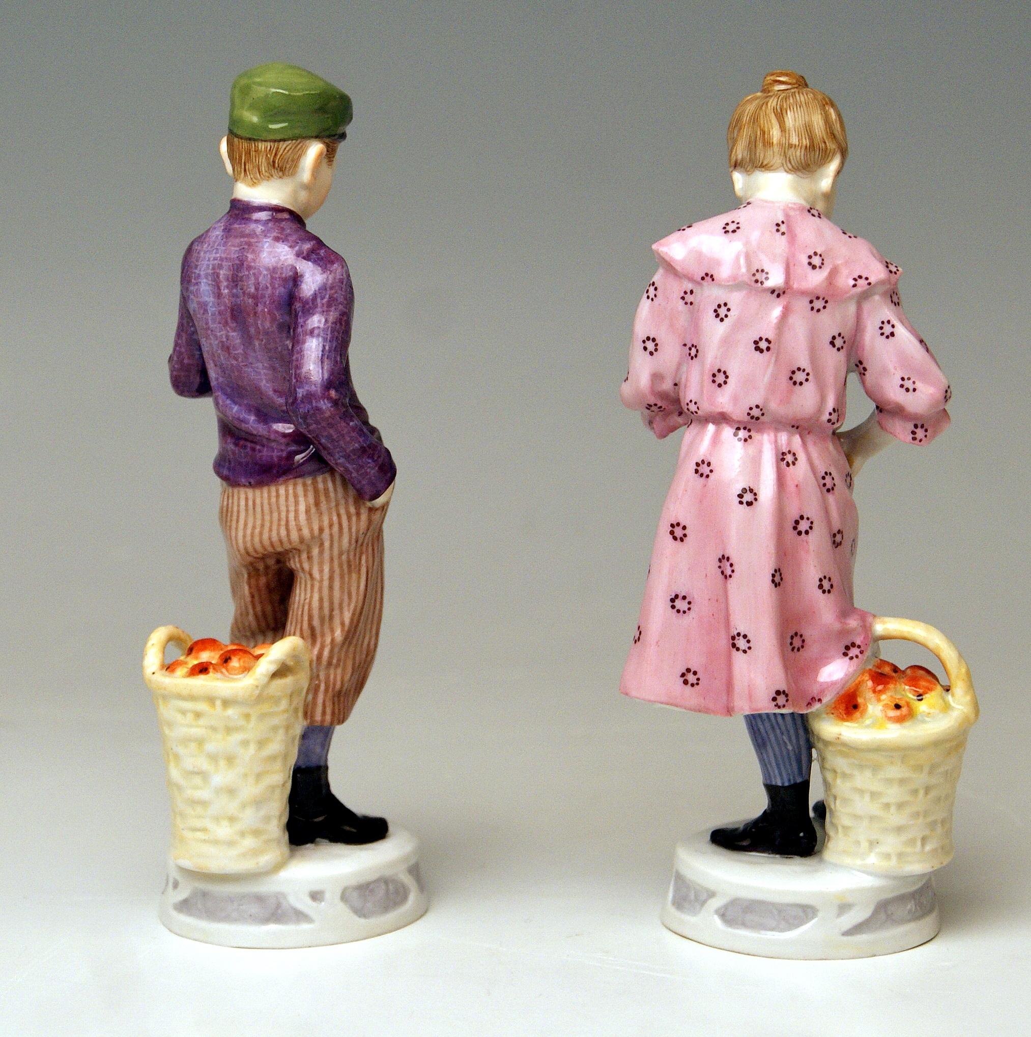 Painted Meissen Art Nouveau Children Boy and Girl with Apples X 187 188 by Koenig