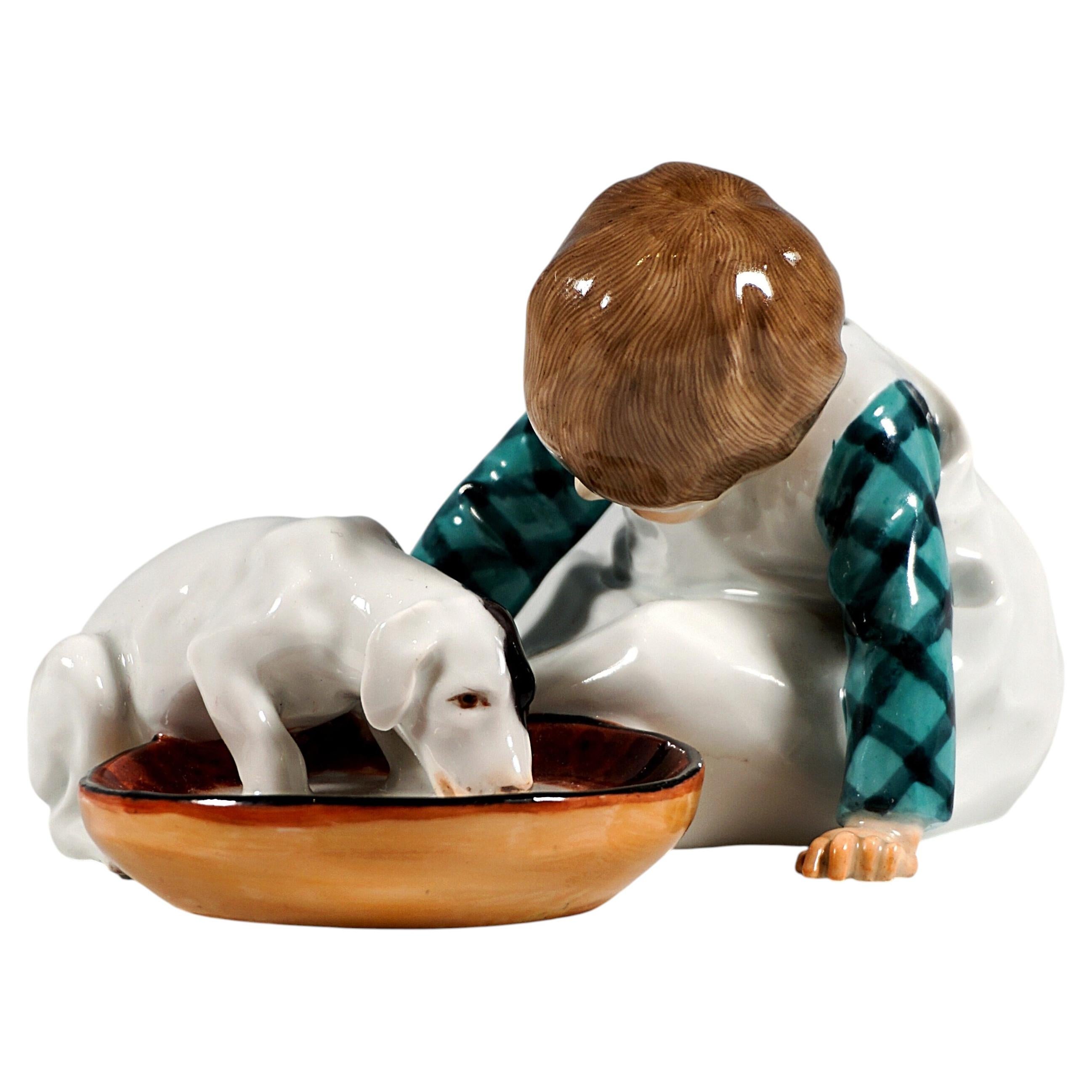Meissen Art Nouveau Figure, Boy With Drinking Dog, by Konrad Hentschel, Ca. 1905