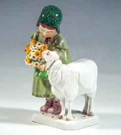 Meissen Art Nouveau Figure Girl With Sheep And Flowers By Max Bochmann Ca 1908