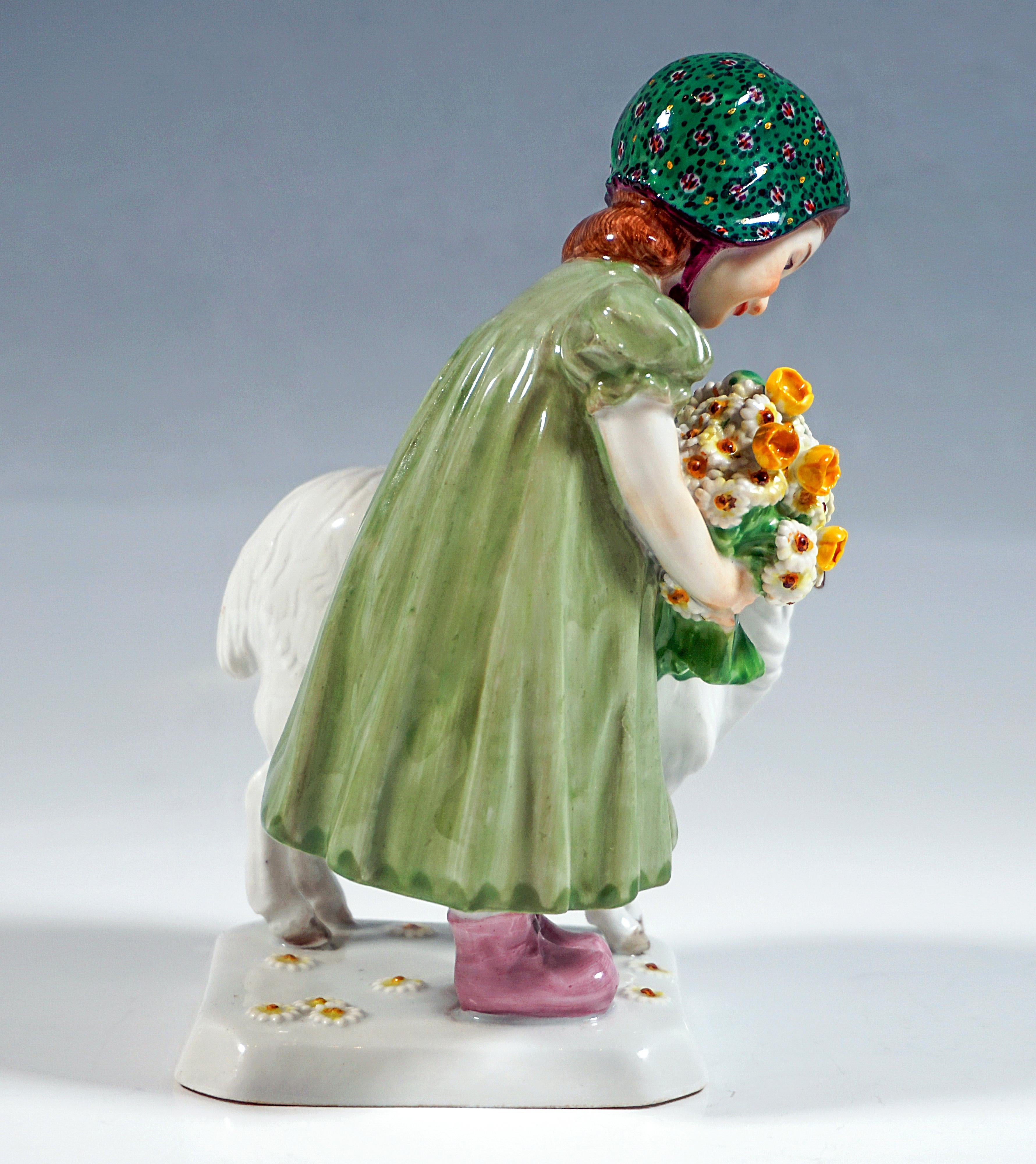German Meissen Art Nouveau Figure Girl With Sheep And Flowers By Max Bochmann Ca 1908