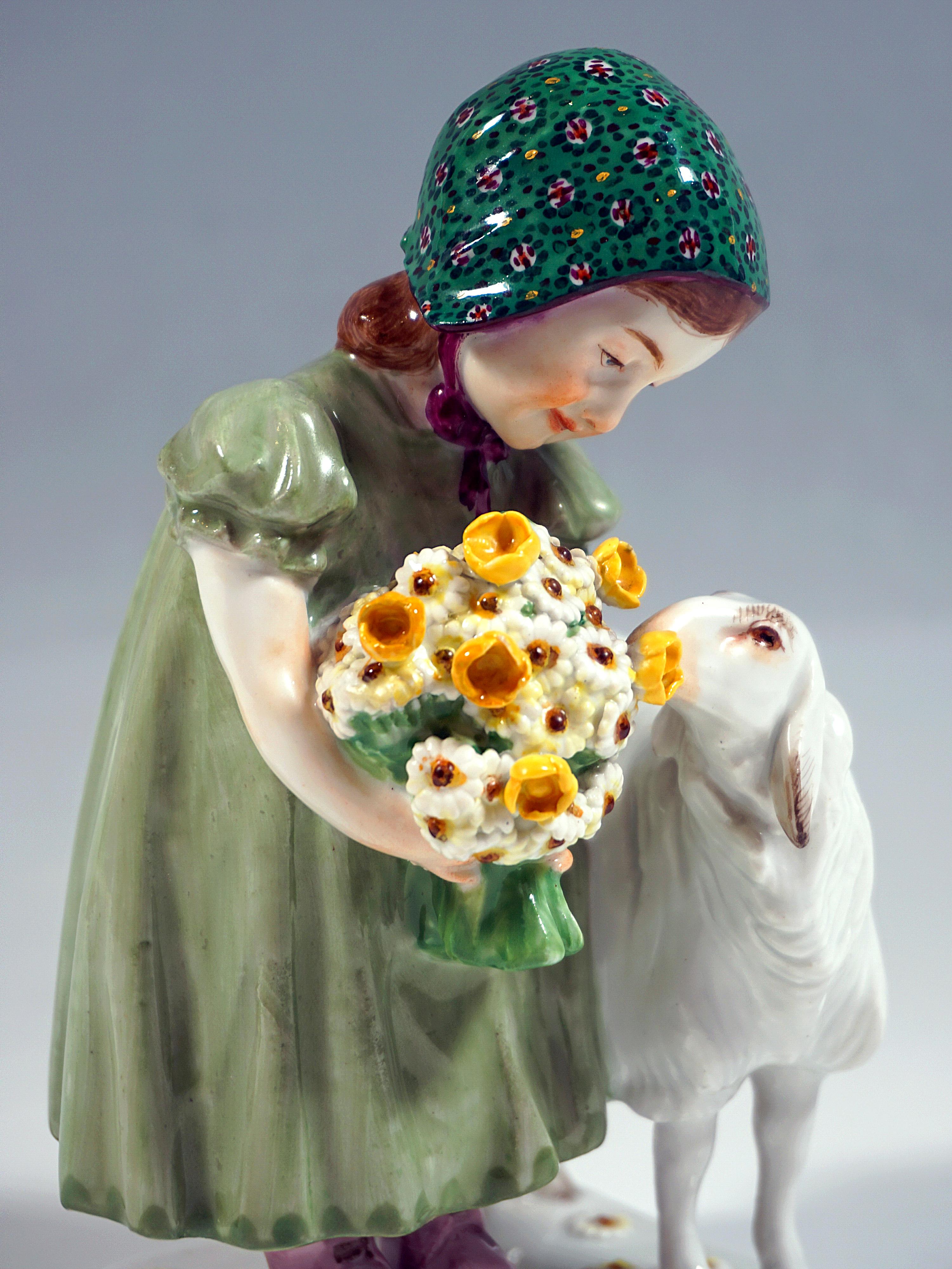 Hand-Crafted Meissen Art Nouveau Figure Girl With Sheep And Flowers By Max Bochmann Ca 1908