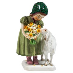 Meissen Art Nouveau Figure Girl With Sheep And Flowers By Max Bochmann Ca 1908