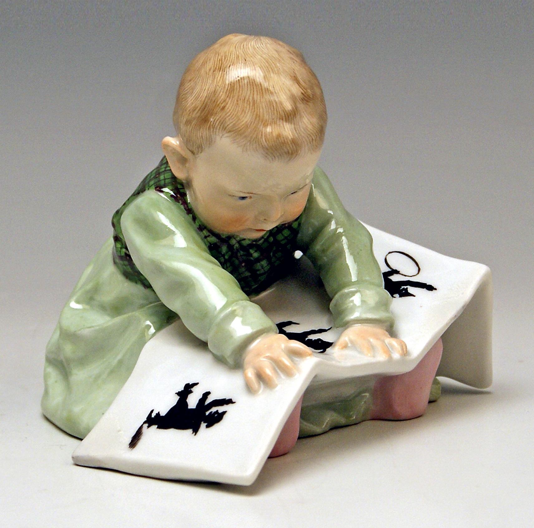 German Meissen Art Nouveau Figurine, Baby Child with Picture Book, by Konrad Hentschel For Sale