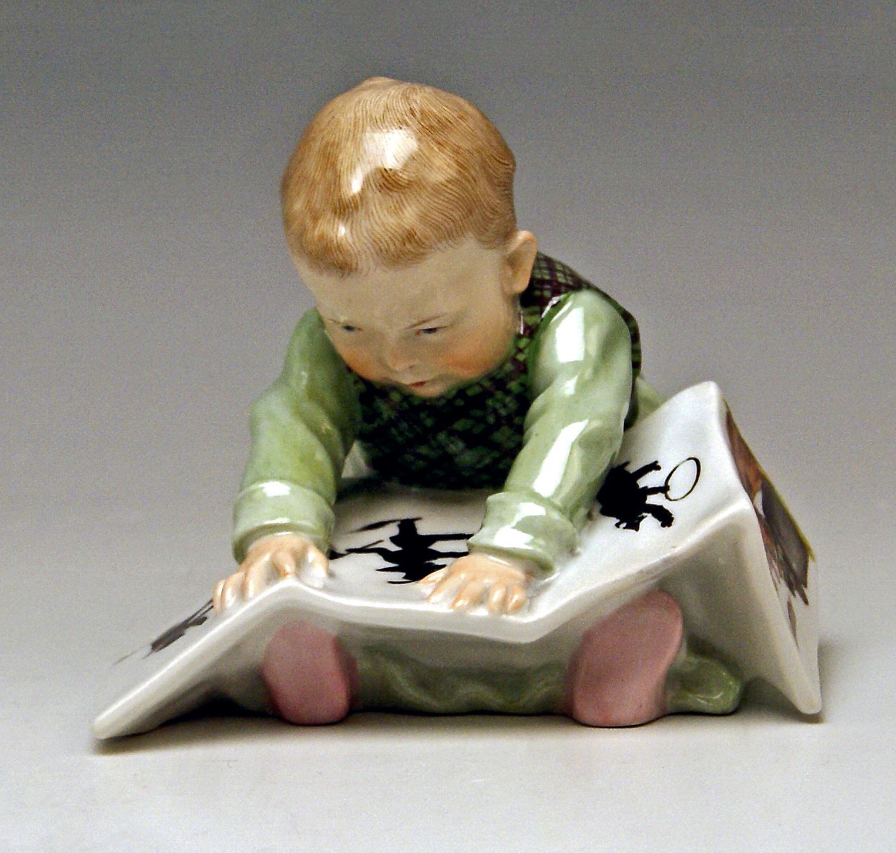 Early 20th Century Meissen Art Nouveau Figurine, Baby Child with Picture Book, by Konrad Hentschel For Sale