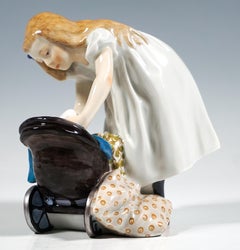 Meissen Art Nouveau Figurine, Girl With Doll's Pram, by Konrad Hentschel, 1905