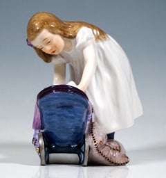 Meissen Art Nouveau Figurine, Hentschelkind, Girl With Doll's Pram, Circa 1905