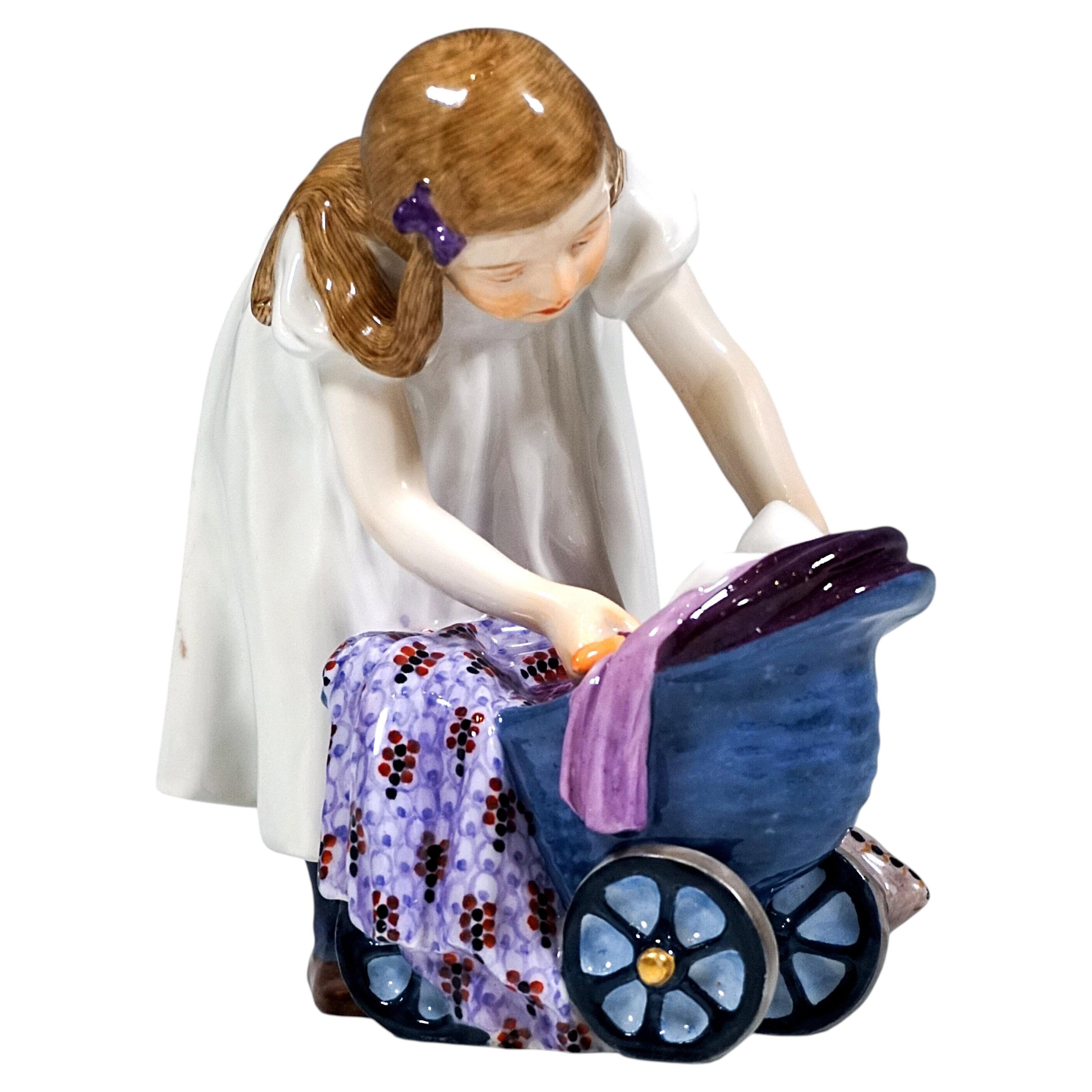 Meissen Art Nouveau Figurine, Hentschelkind, Girl With Doll's Pram, Circa 1905