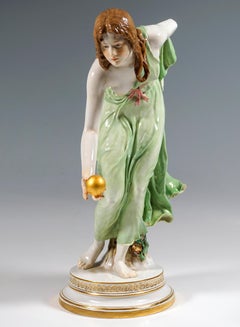 Meissen Art Nouveau Figurine, Large Young Lady Ball Player, Walter Schott, 1910