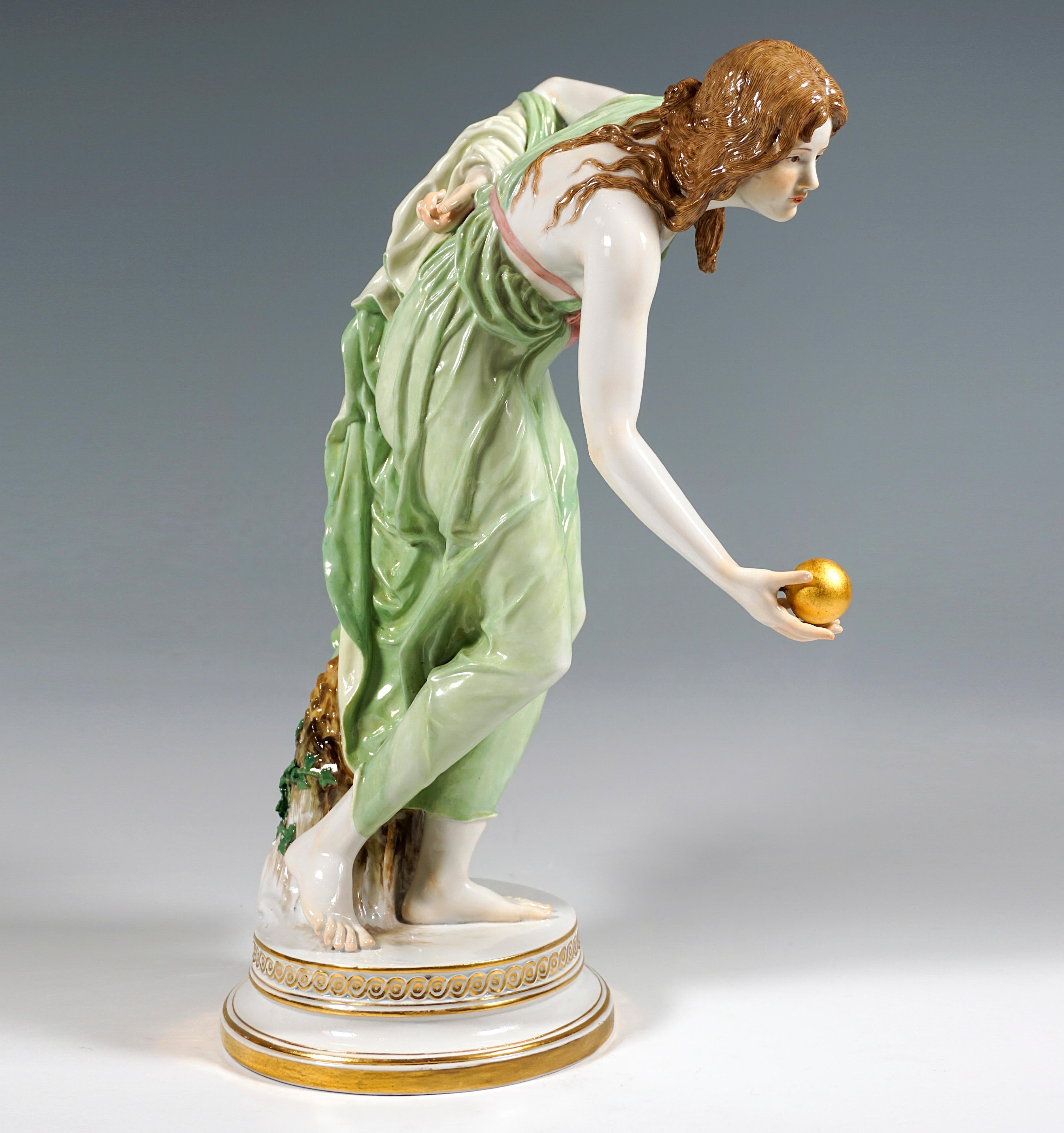 German Meissen Art Nouveau Figurine, Large Young Lady Ball Player, Walter Schott, 1910 For Sale