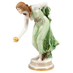 Antique Meissen Art Nouveau Figurine, Large Young Lady Ball Player, Walter Schott, 1910