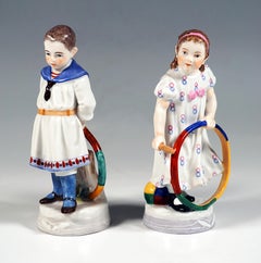 Meissen Art Nouveau Figurine Pair Boy & Girl With Hoops, A. Koenig, c 1910
