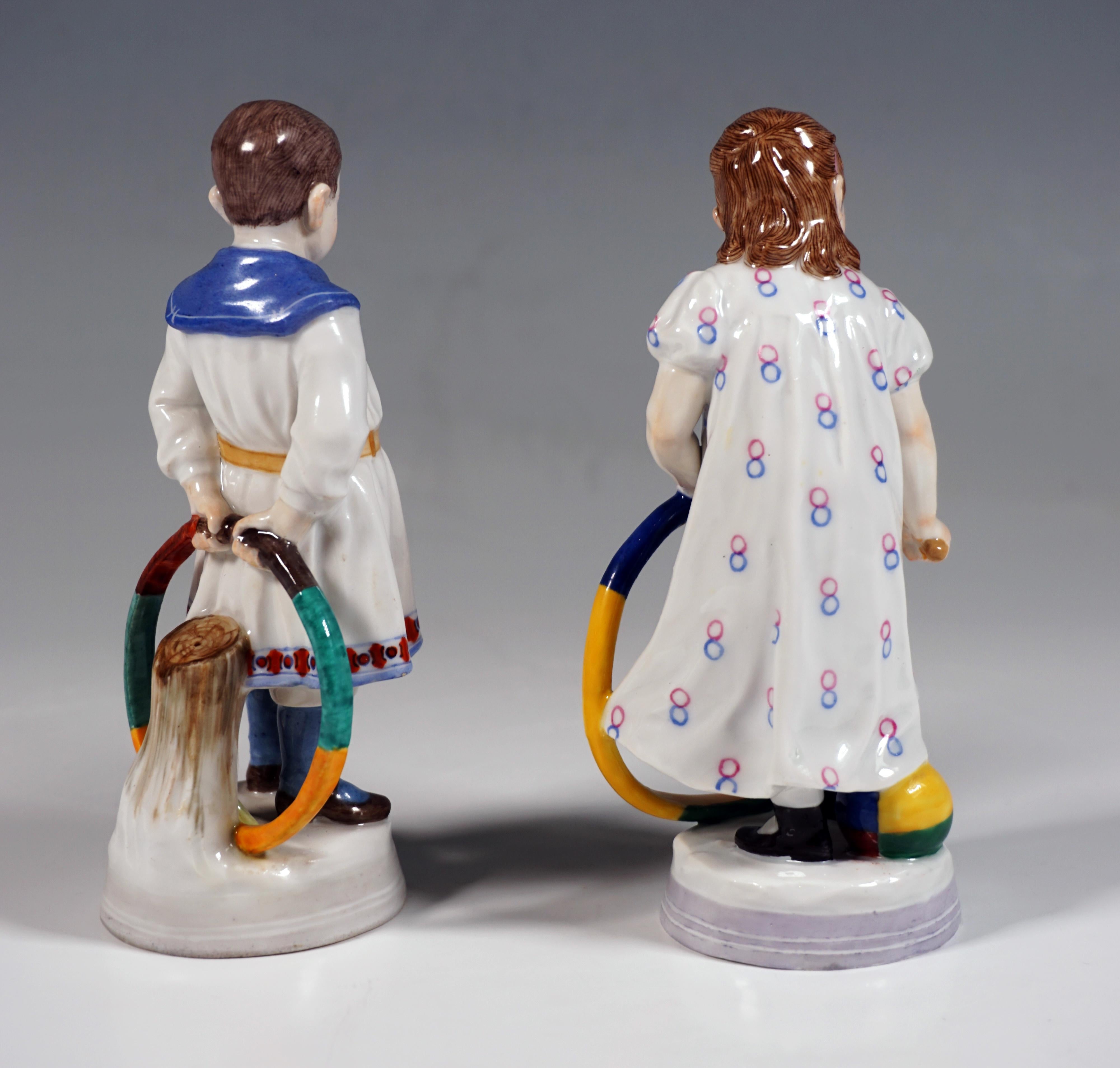 Hand-Crafted Meissen Art Nouveau Figurine Pair Boy & Girl With Hoops, A. Koenig, c 1910 For Sale