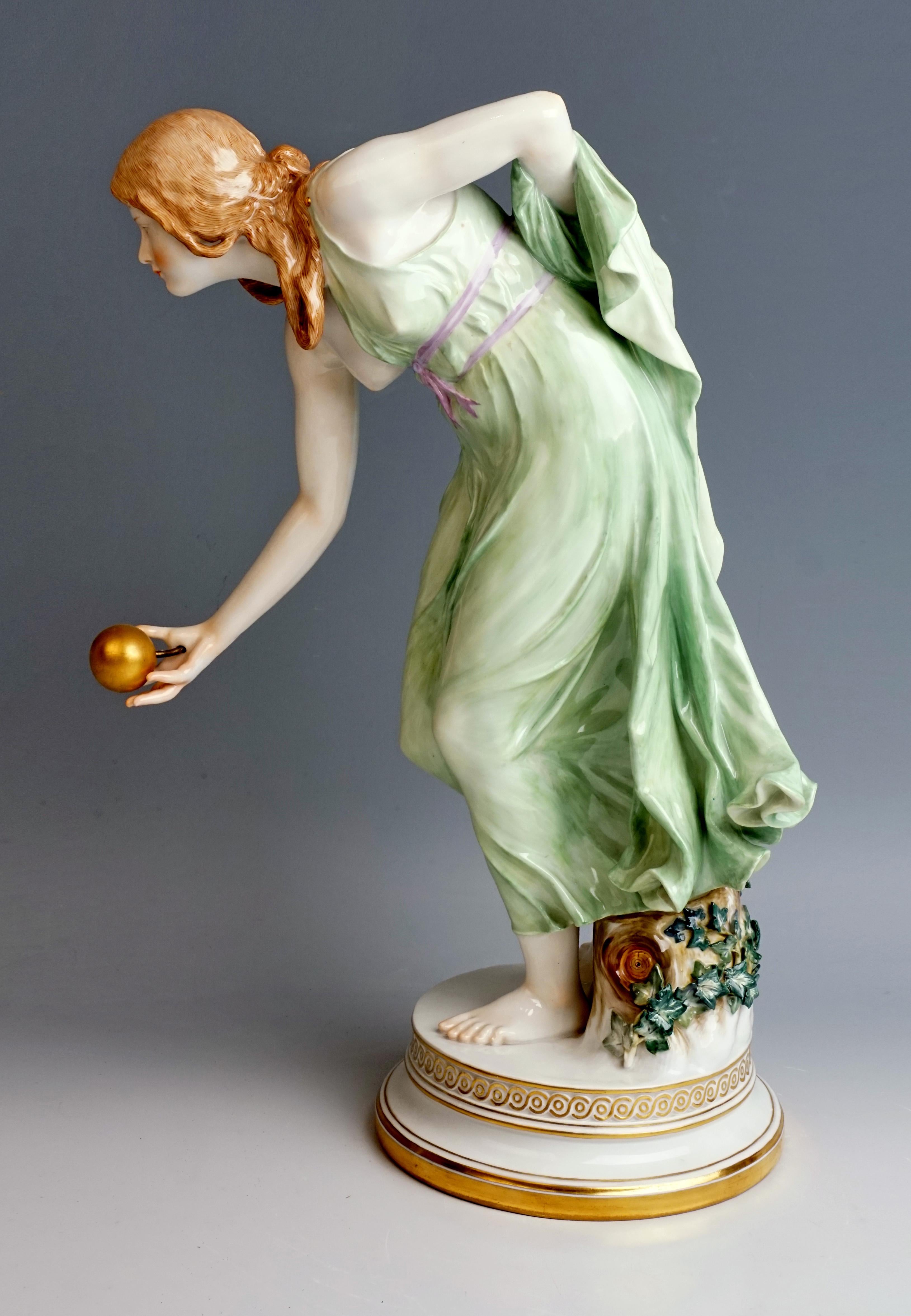 Remarkable Meissen Art Nouveau Figurine

Manufactory: Meissen 
Dating: made circa 1905
Hallmarked: Meissen Mark of early 20th century / first quality
model number Q 180 / former's number 34 / painter's number 62 
Material: multicolored