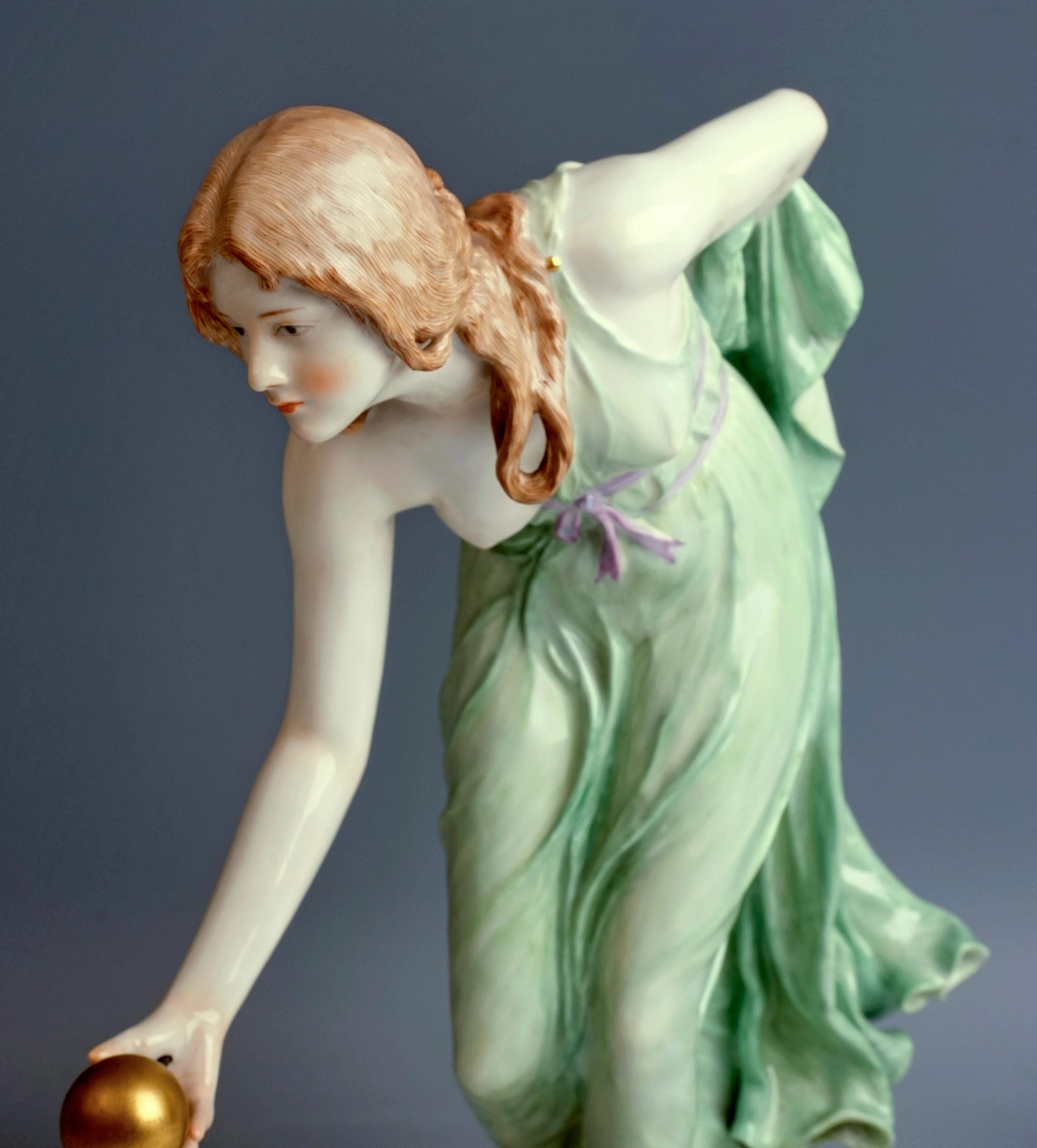 German Meissen Art Nouveau Figurine Young Lady Ball Player by Walter Schott, circa 1905
