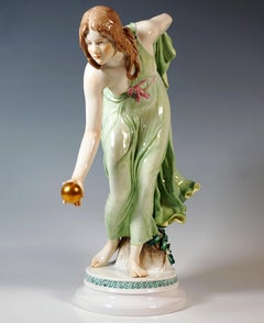 Meissen Art Nouveau Figurine, Young Lady Ball Player by Walter Schott, ca 1900