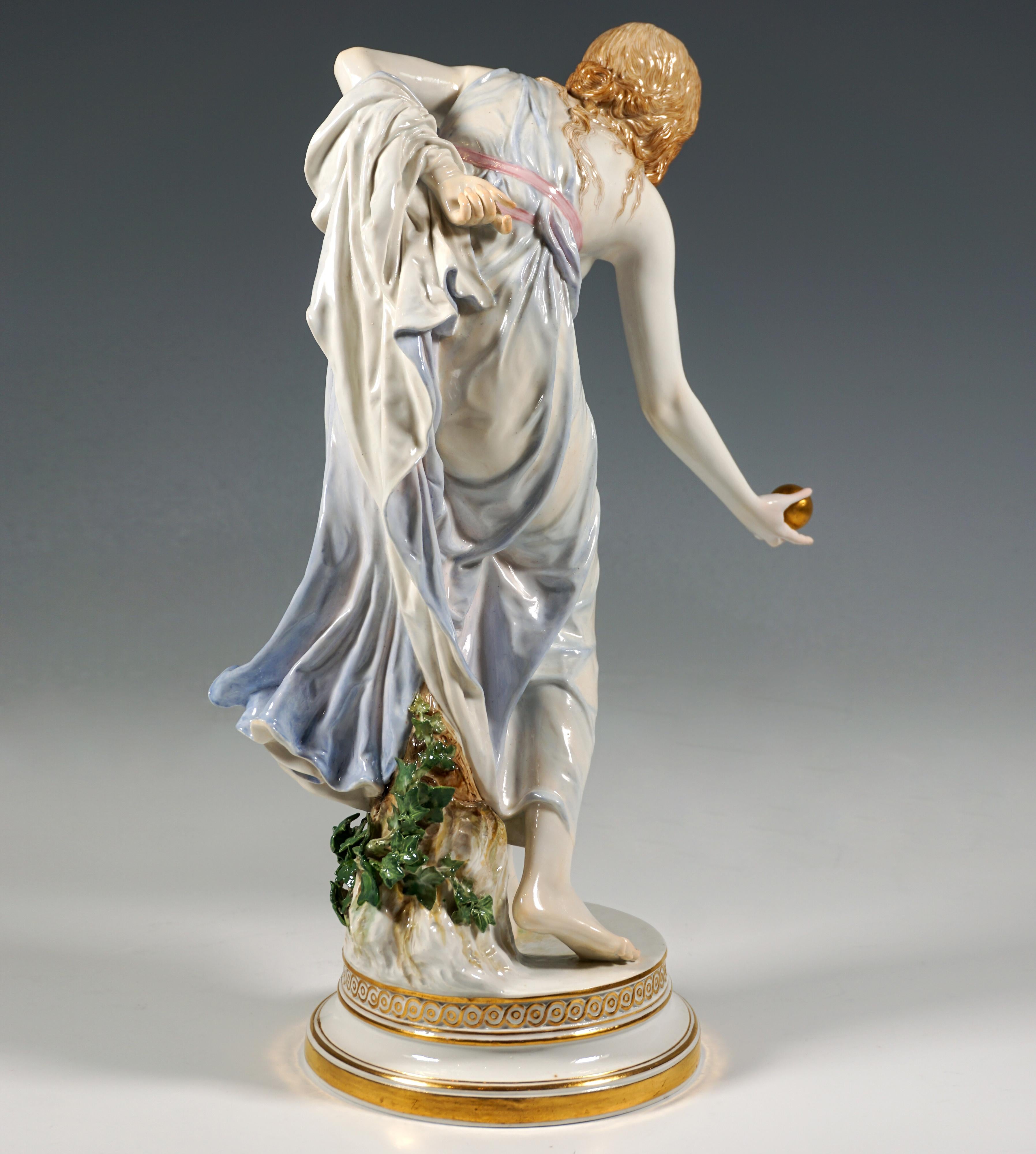 German Meissen Art Nouveau Figurine, Young Lady Ball Player by Walter Schott, ca 1900