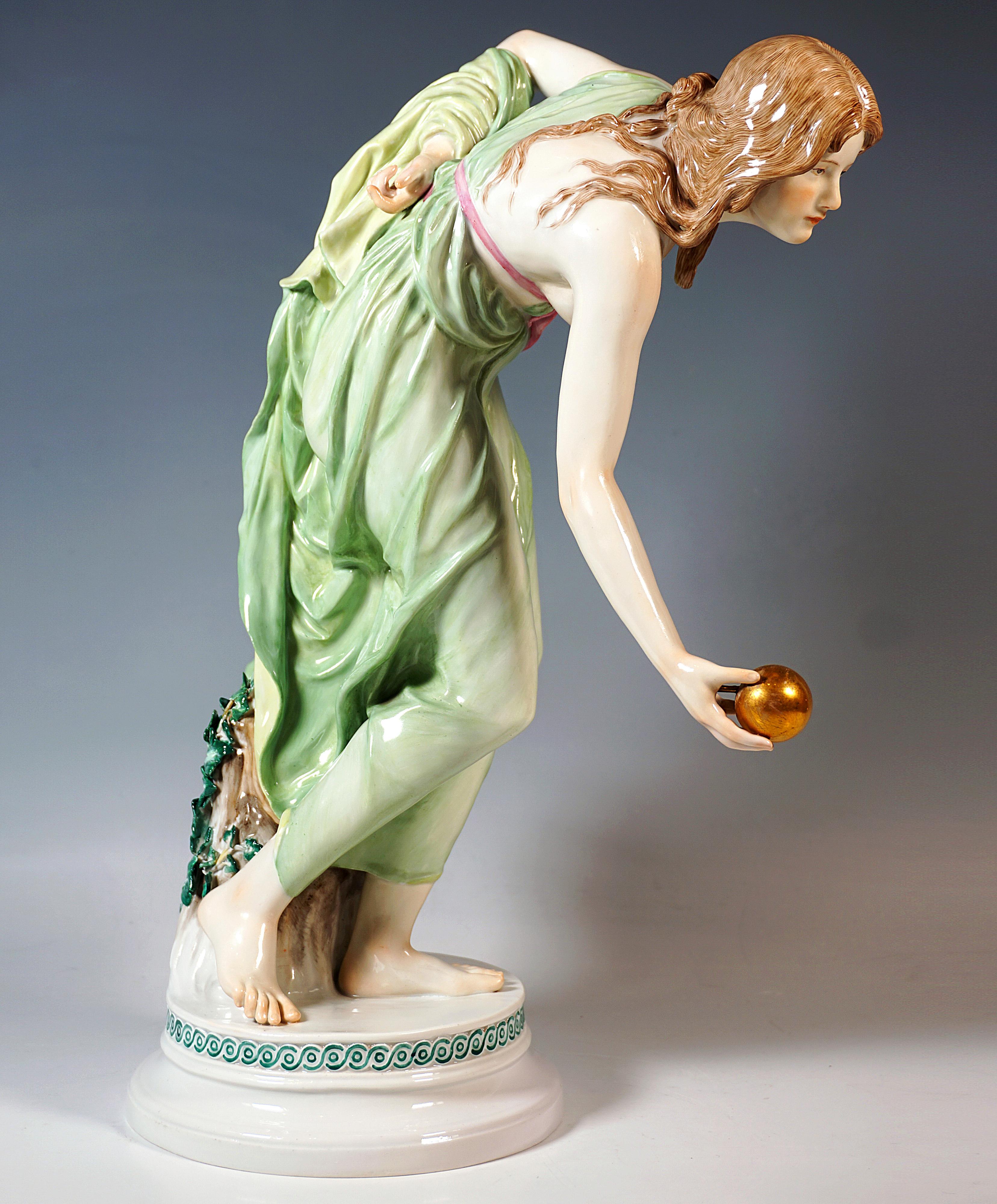 German Meissen Art Nouveau Figurine, Young Lady Ball Player by Walter Schott, ca 1900 For Sale