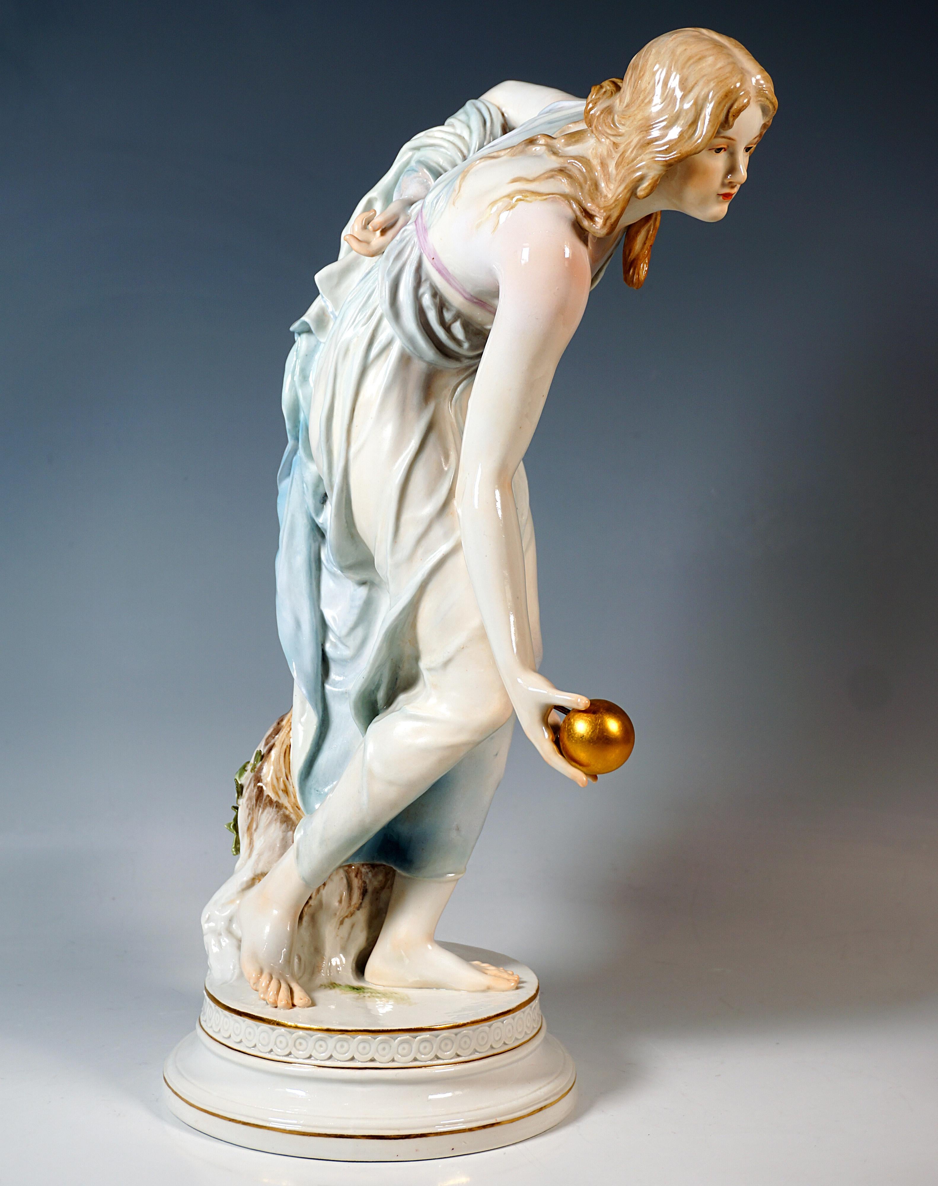 German Meissen Art Nouveau Figurine, Young Lady Ball Player by Walter Schott, ca 1900 For Sale