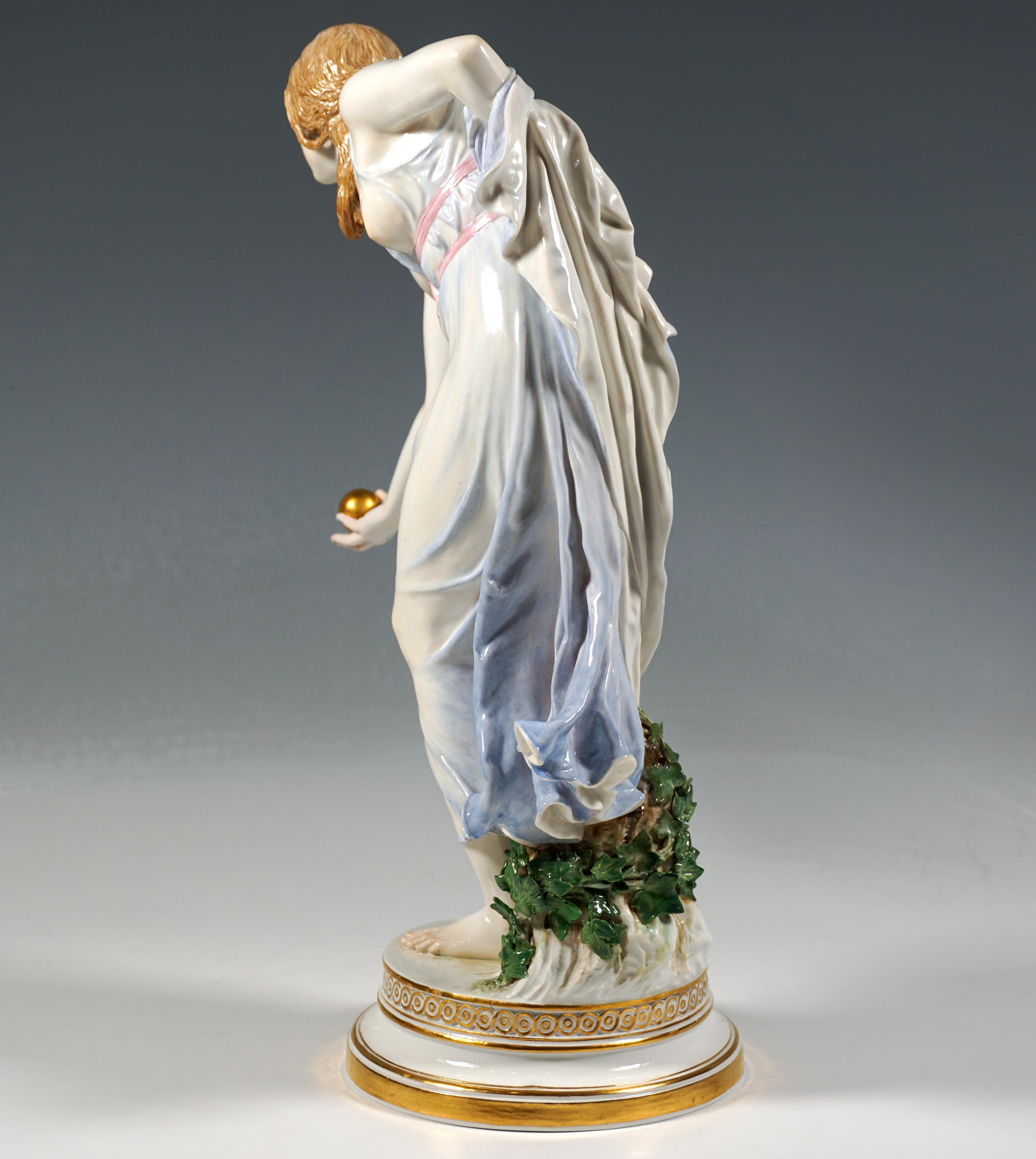 Hand-Crafted Meissen Art Nouveau Figurine, Young Lady Ball Player by Walter Schott, ca 1900