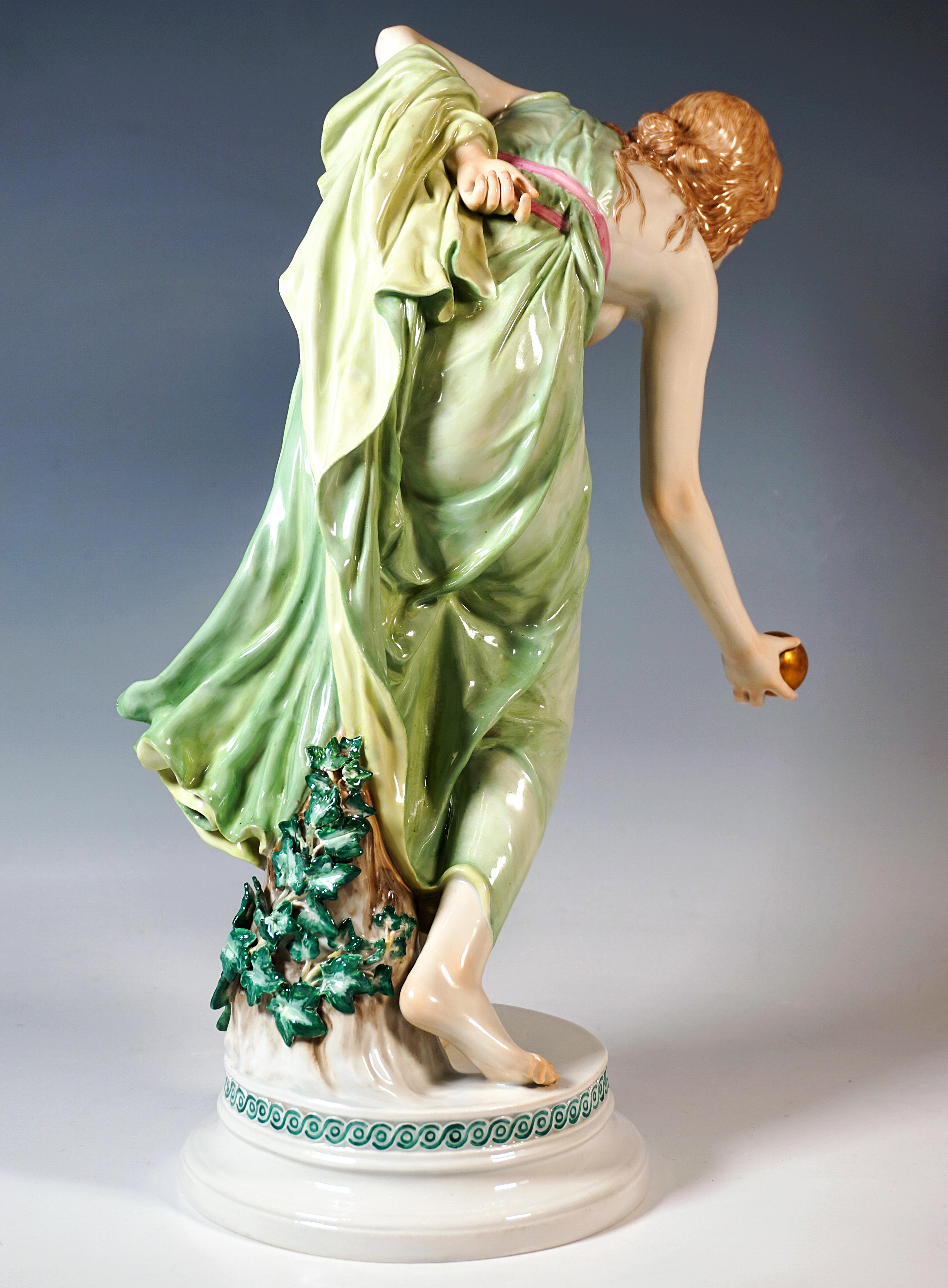 Hand-Crafted Meissen Art Nouveau Figurine, Young Lady Ball Player by Walter Schott, ca 1900 For Sale
