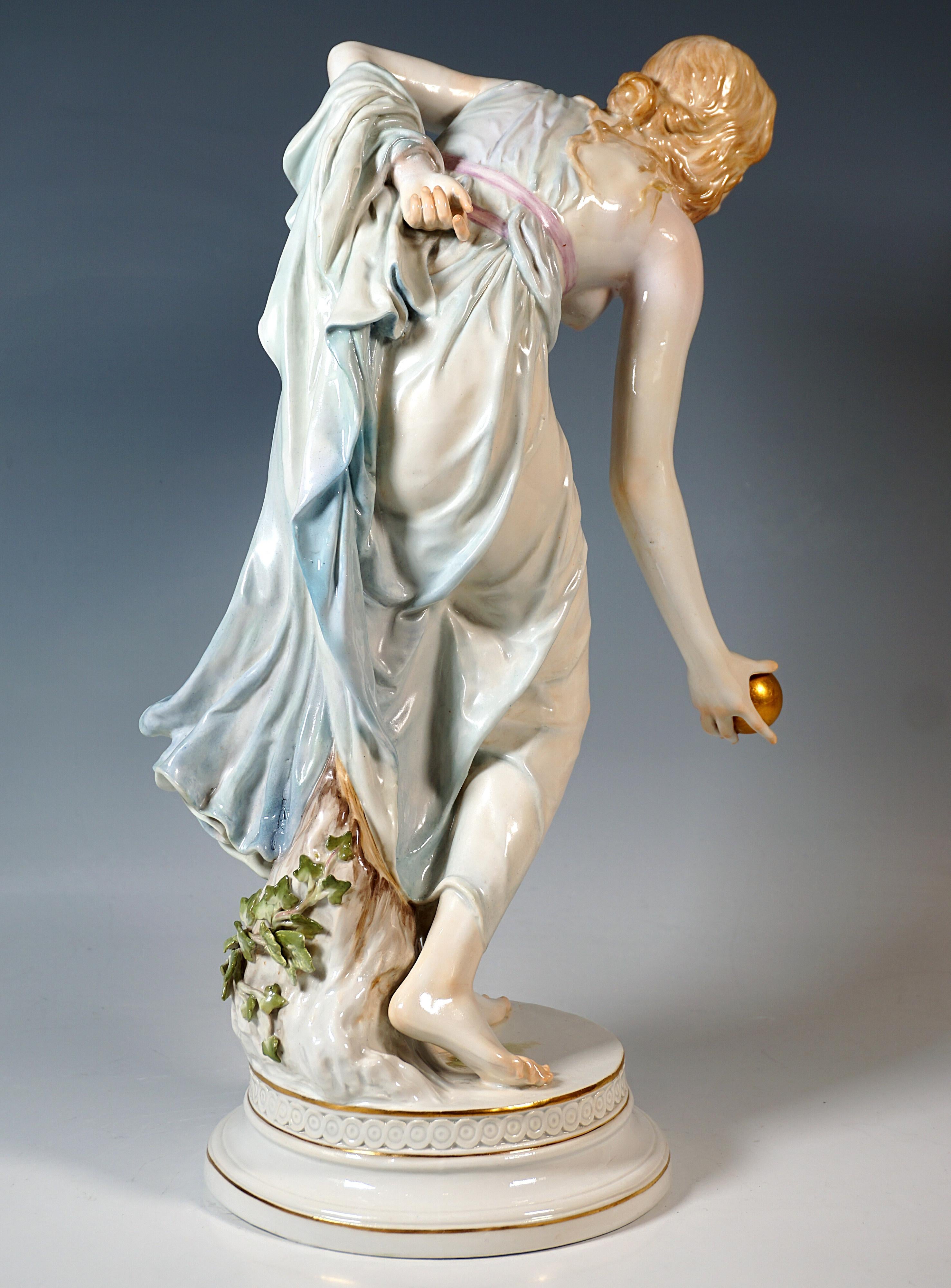 Hand-Crafted Meissen Art Nouveau Figurine, Young Lady Ball Player by Walter Schott, ca 1900 For Sale