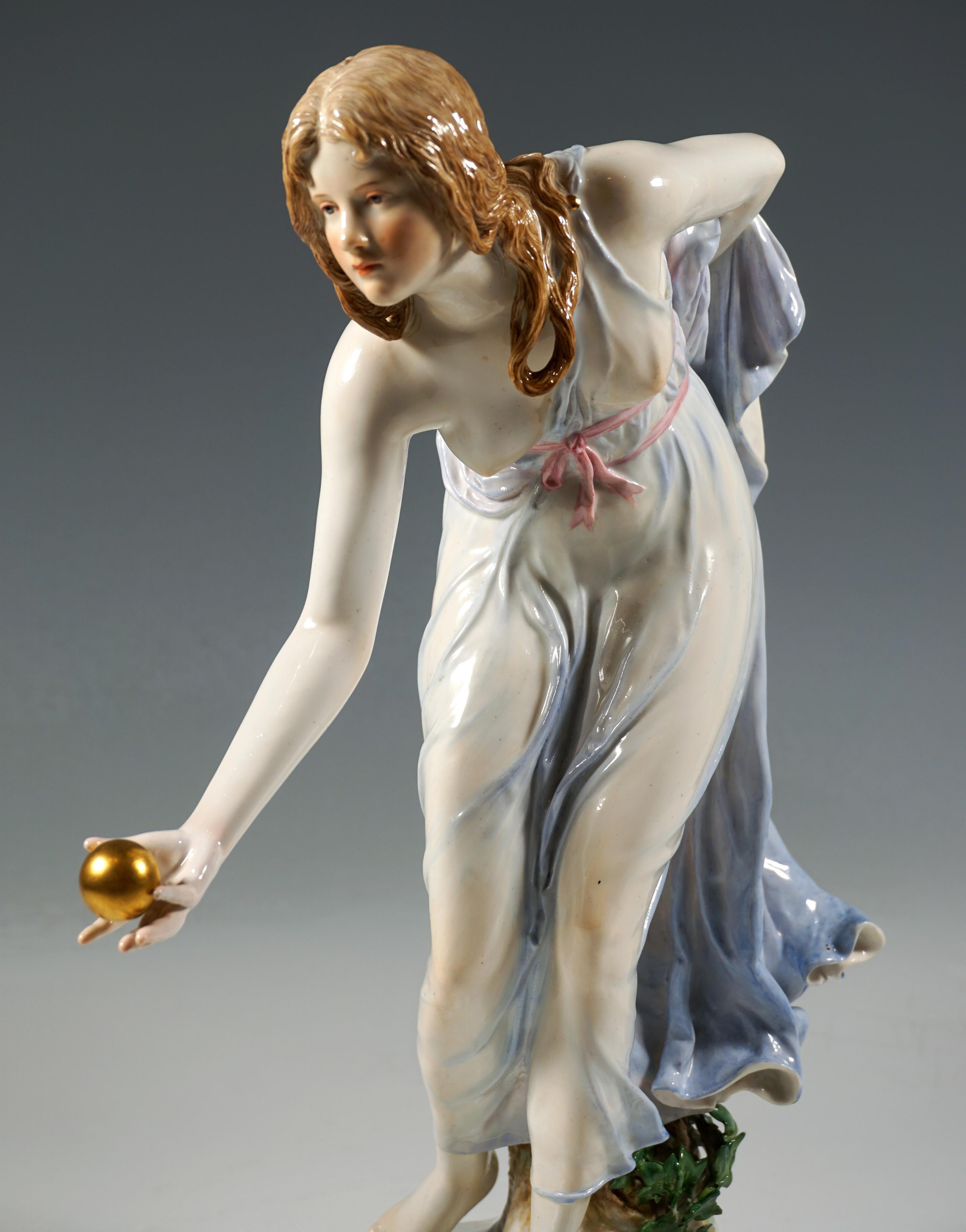 Early 20th Century Meissen Art Nouveau Figurine, Young Lady Ball Player by Walter Schott, ca 1900