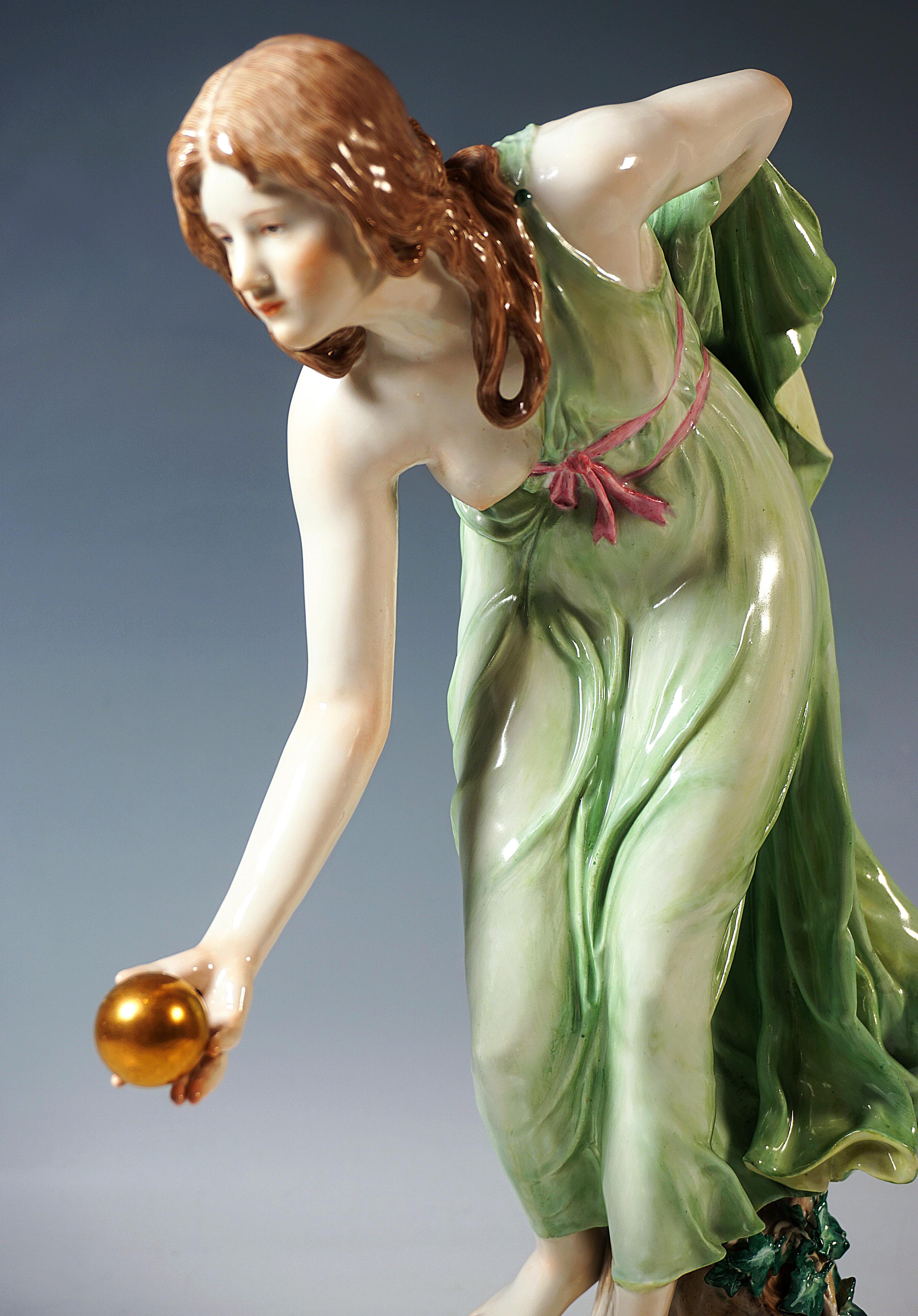 Early 20th Century Meissen Art Nouveau Figurine, Young Lady Ball Player by Walter Schott, ca 1900 For Sale