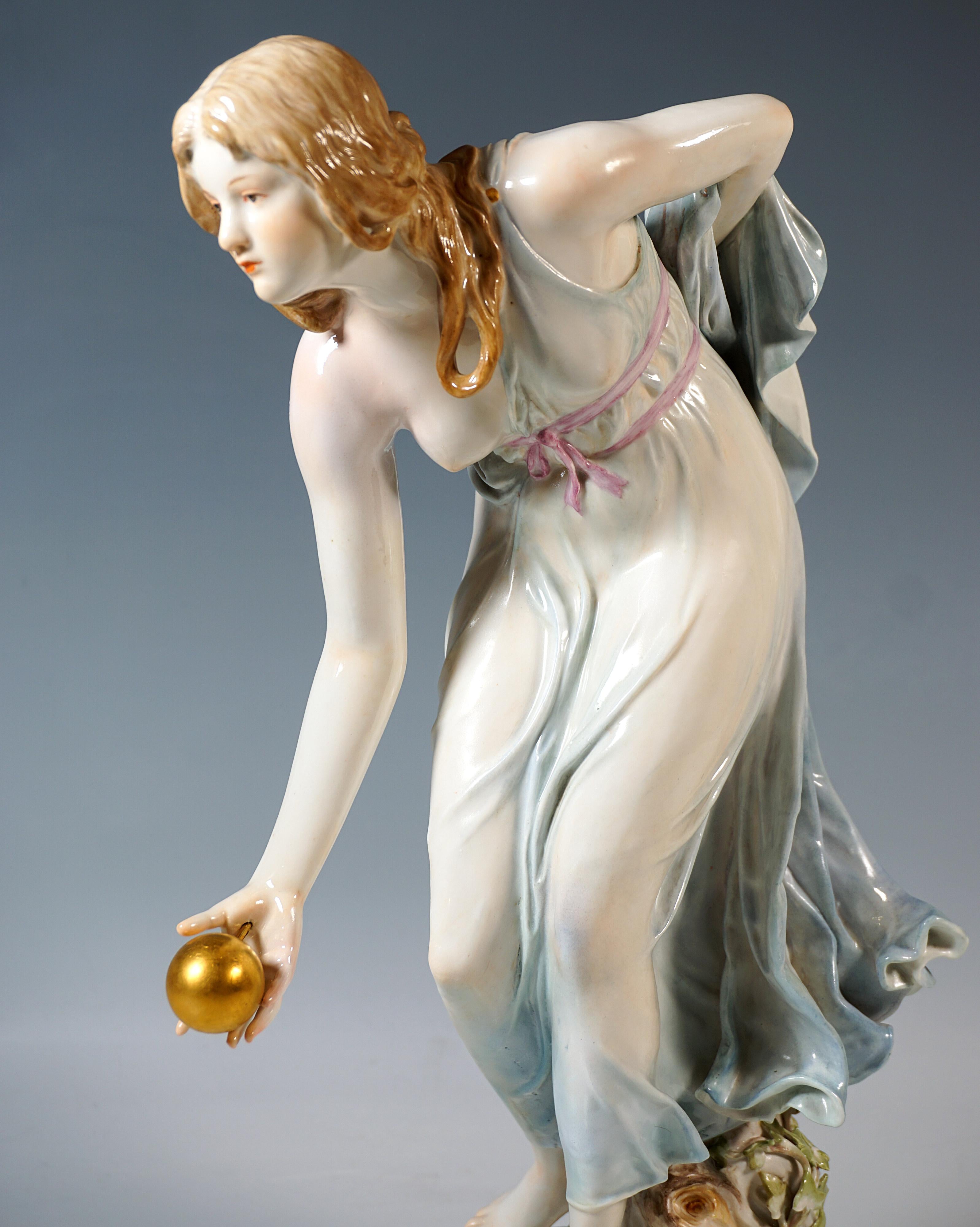 Early 20th Century Meissen Art Nouveau Figurine, Young Lady Ball Player by Walter Schott, ca 1900 For Sale