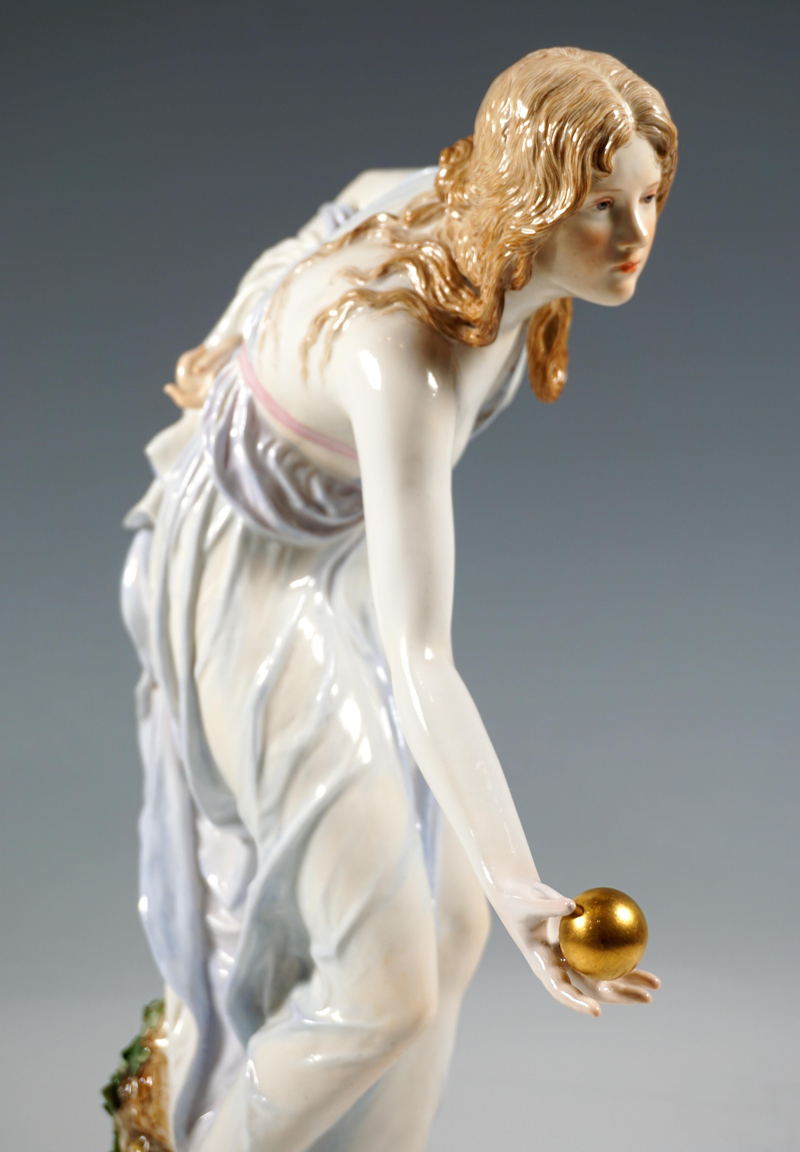 Porcelain Meissen Art Nouveau Figurine, Young Lady Ball Player by Walter Schott, ca 1900