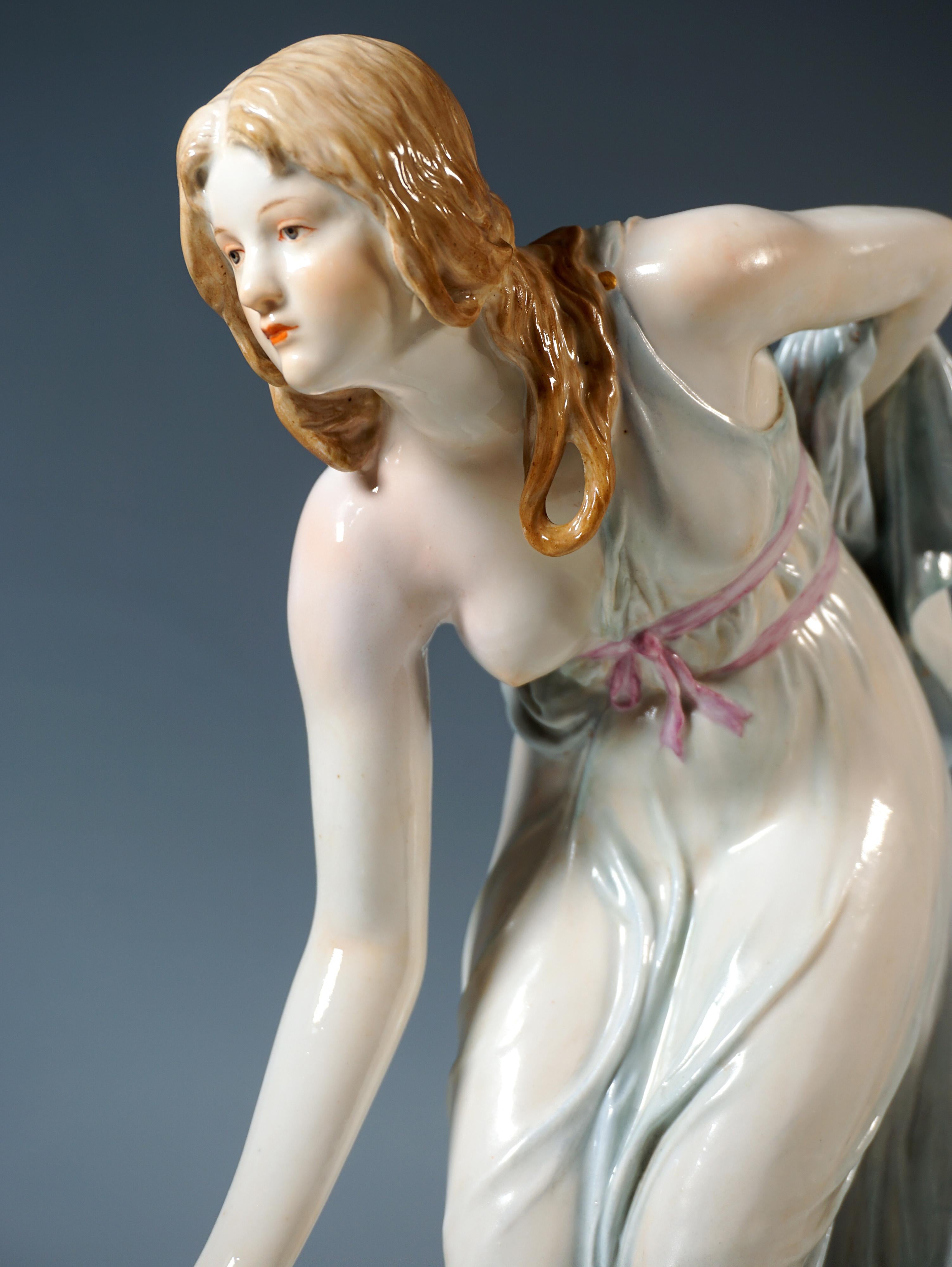Porcelain Meissen Art Nouveau Figurine, Young Lady Ball Player by Walter Schott, ca 1900 For Sale
