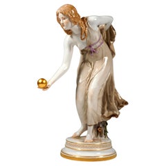 Meissen Art Nouveau Figurine, Young Lady Ball Player by Walter Schott, ca 1900